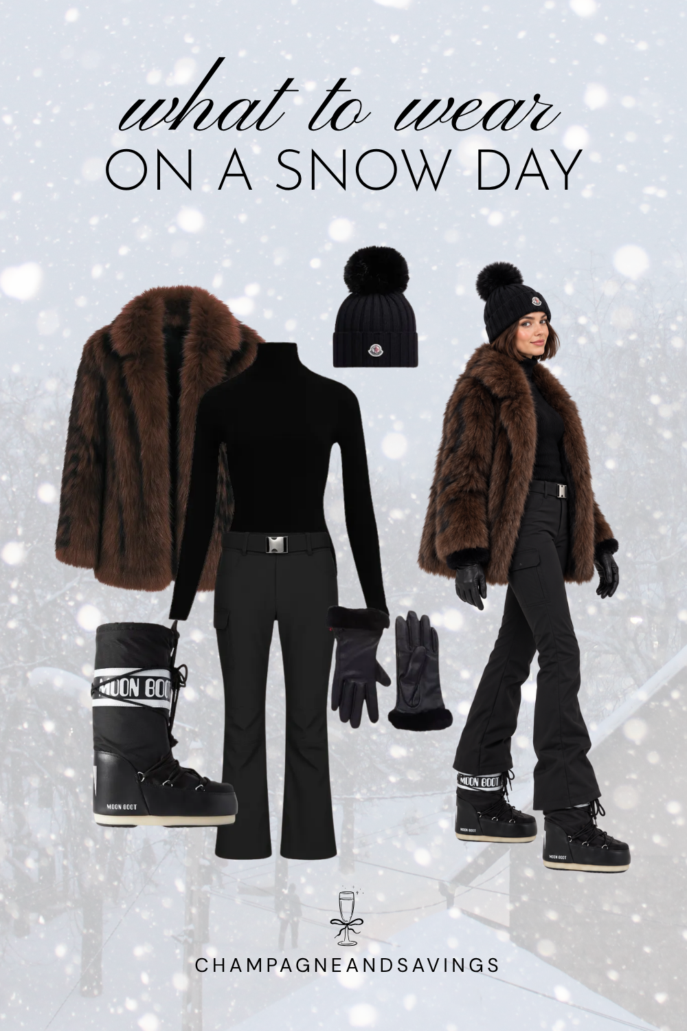 Trendy snow day outfit idea featuring a faux fur coat, black pants, and Moon Boots, shown in a collage of outfit pieces.
