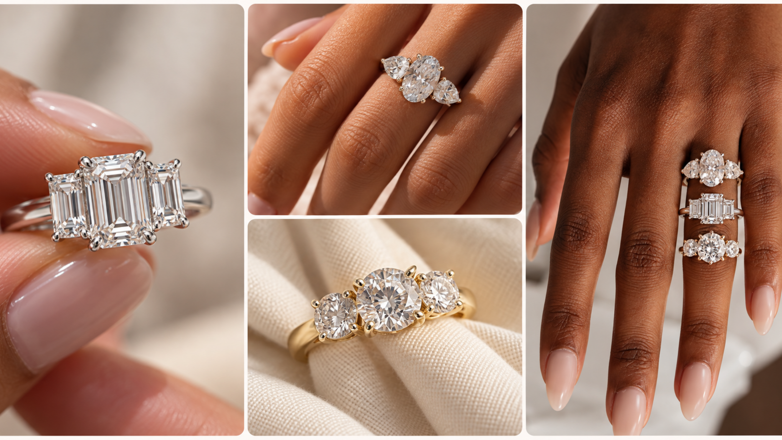 Collage of three-stone diamond engagement rings featuring oval and emerald cut center diamonds with pear-shaped and tapered baguette side stones.