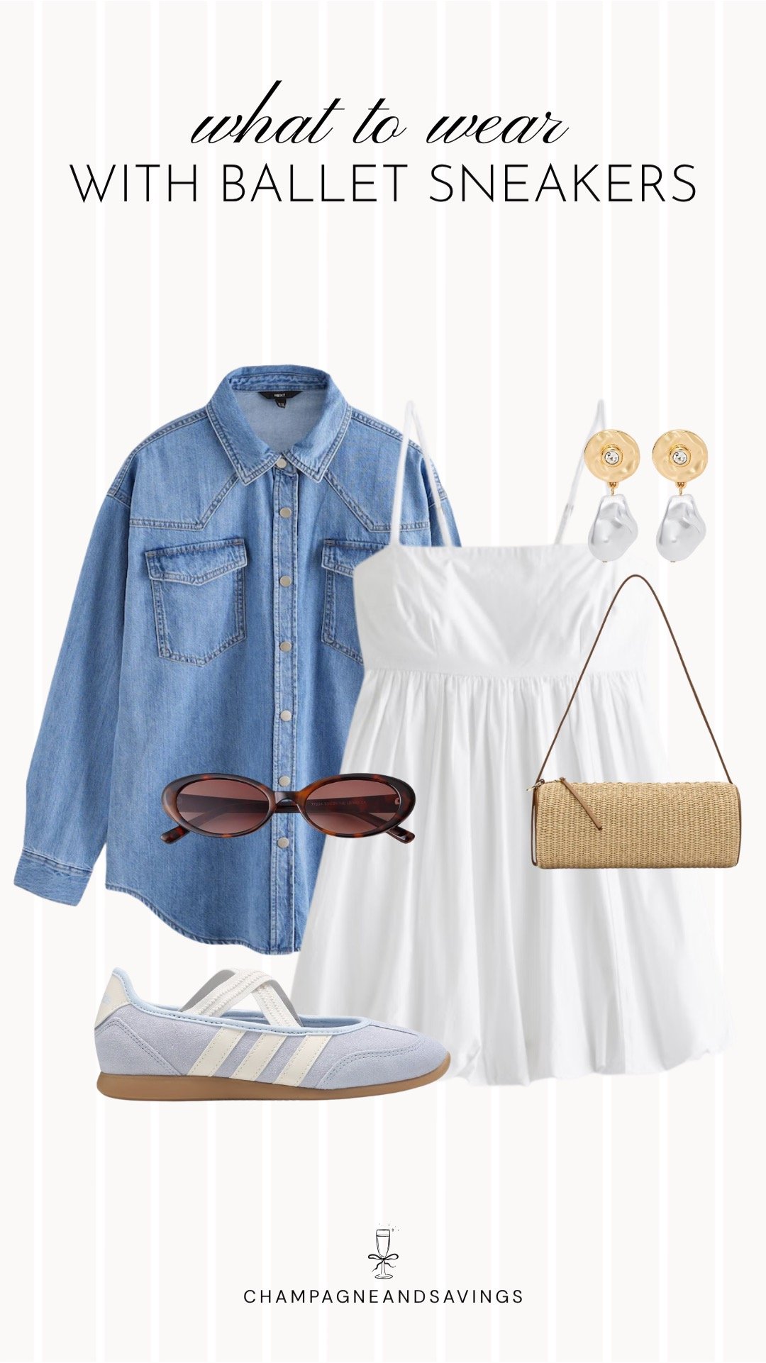 Collage of outfit pieces featuring ballet sneakers paired with a babydoll dress and a denim shirt for a casual, feminine outfit with an easy layered look.