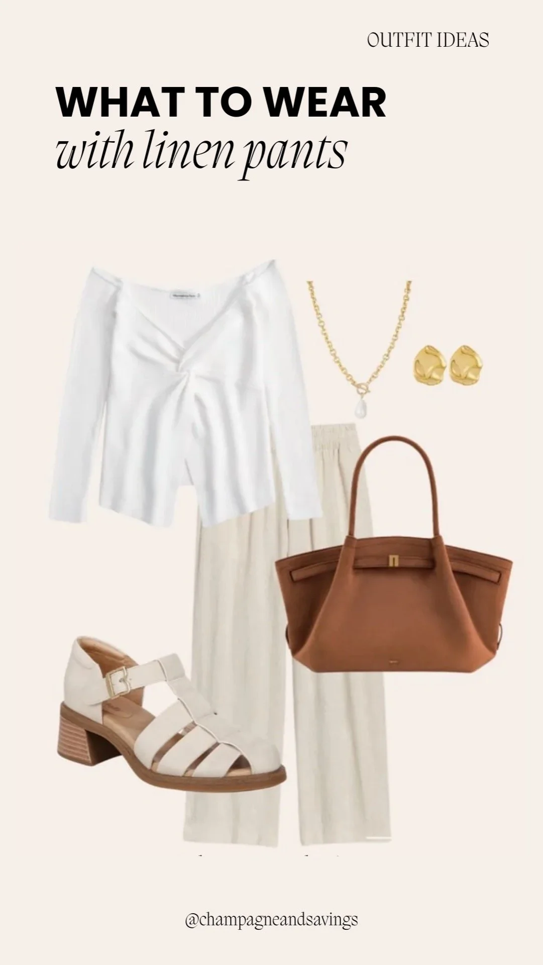 Easter outfit ideas collage showing linen pants paired with a crisp white top and coordinating accessories.