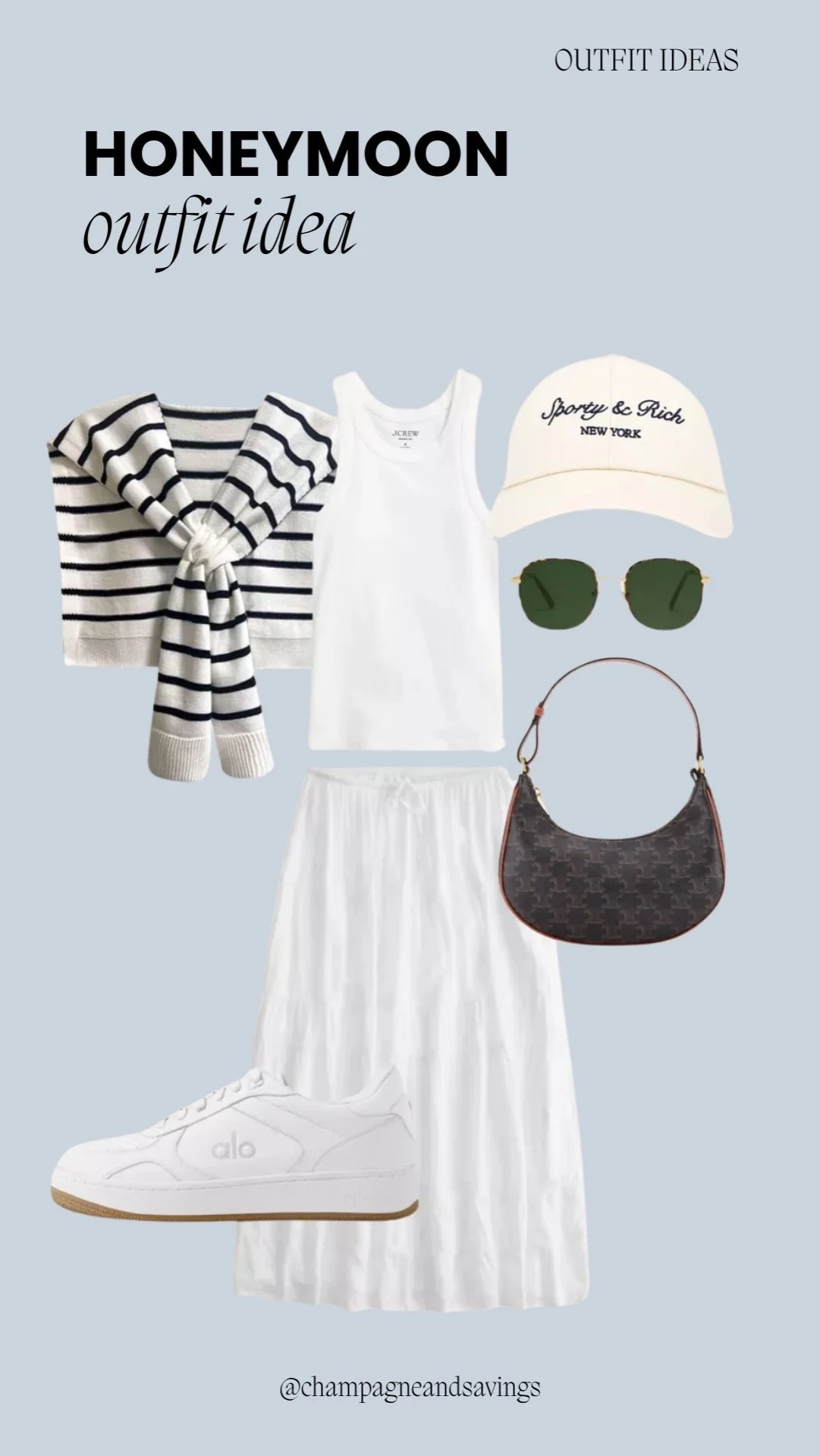 Honeymoon outfit idea collage featuring a striped cardigan paired with a white midi skirt, styled with accessories for a chic and effortless bridal vacation look.