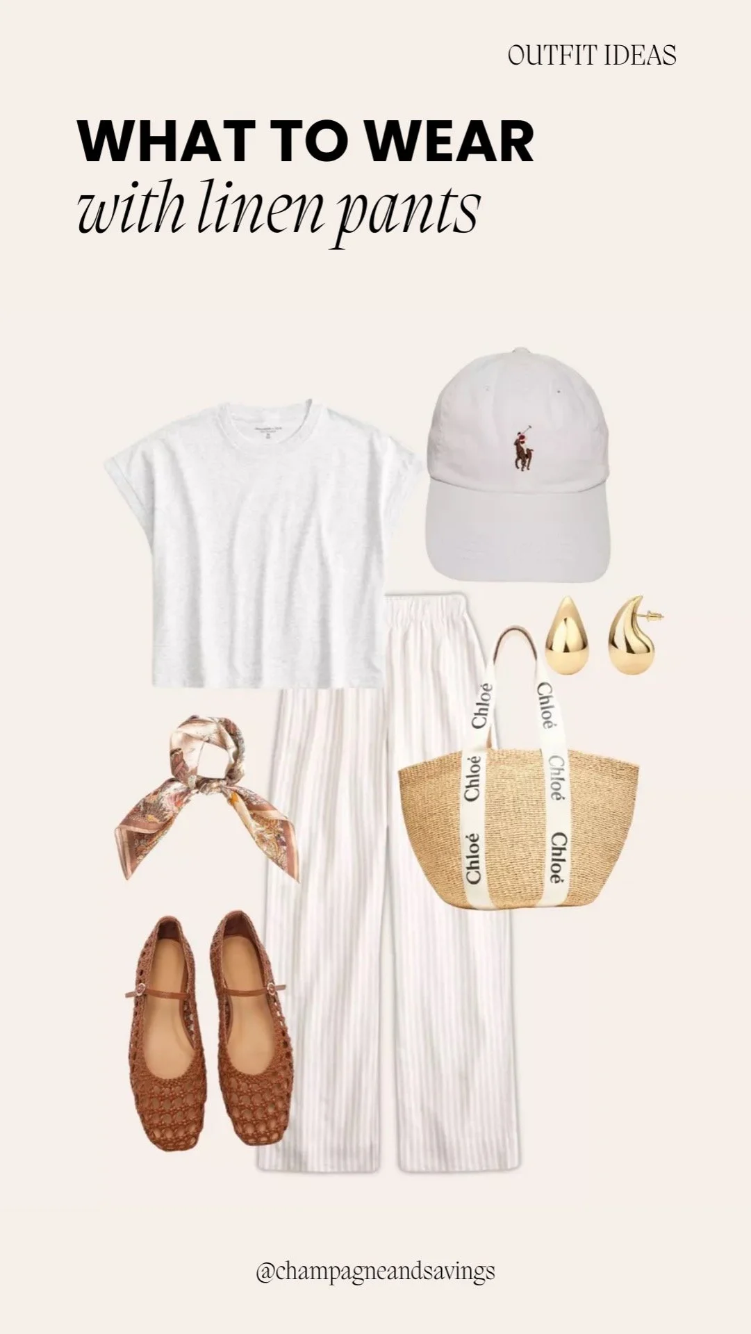 Neutral linen pants outfit styled with a tee, flats, and casual accessories for a chic and effortless spring look.