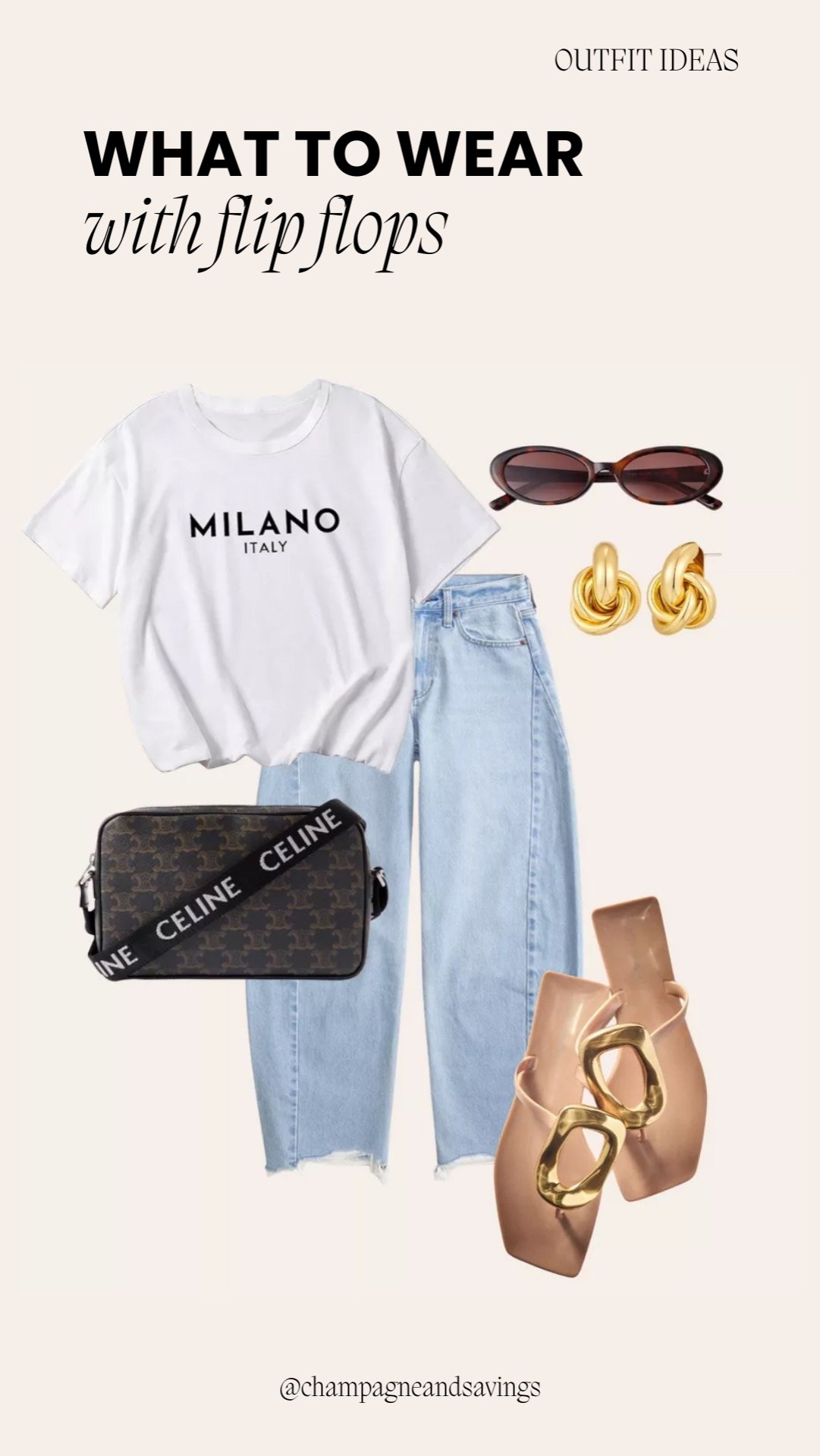 Outfit featuring flip flops styled with jeans and a graphic t-shirt