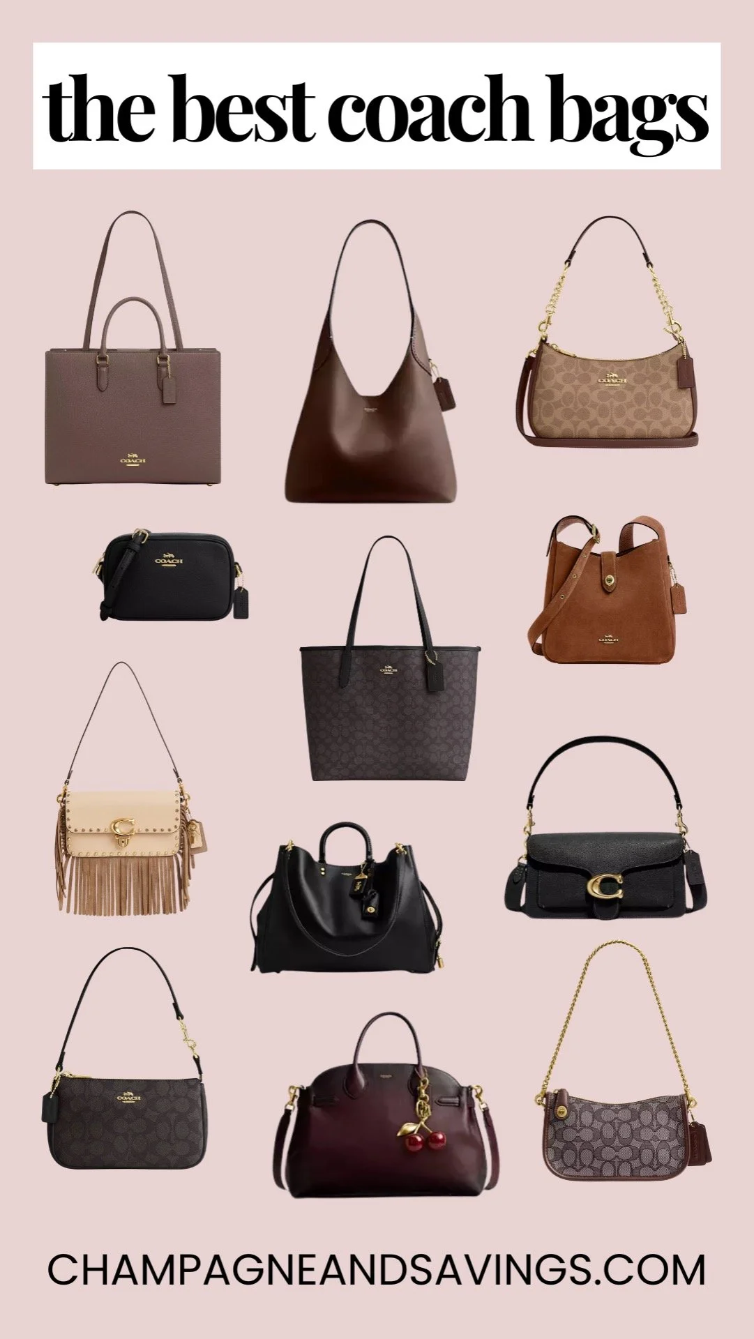 Collage featuring several popular Coach handbags in different styles and colors, highlighting the best Coach bags to shop.