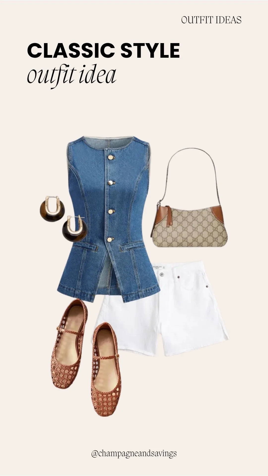 Image of a classic outfit collage featuring a denim vest, white shorts, and woven Mary Janes styled together with coordinating accessories arranged as outfit pieces