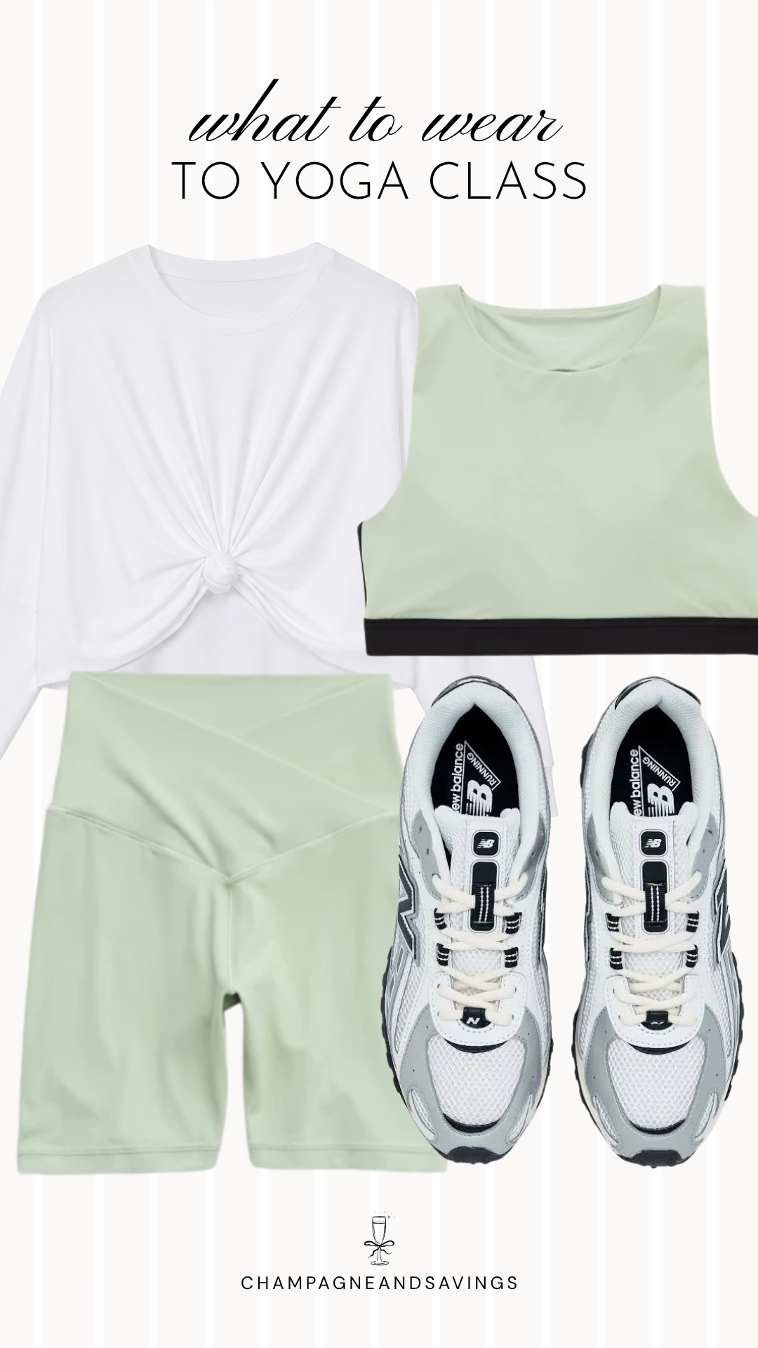 Collage of yoga outfit pieces featuring a sage green matching workout set paired with a knotted white tee, creating a fresh and comfortable outfit for yoga class, pilates, or casual athleisure wear.