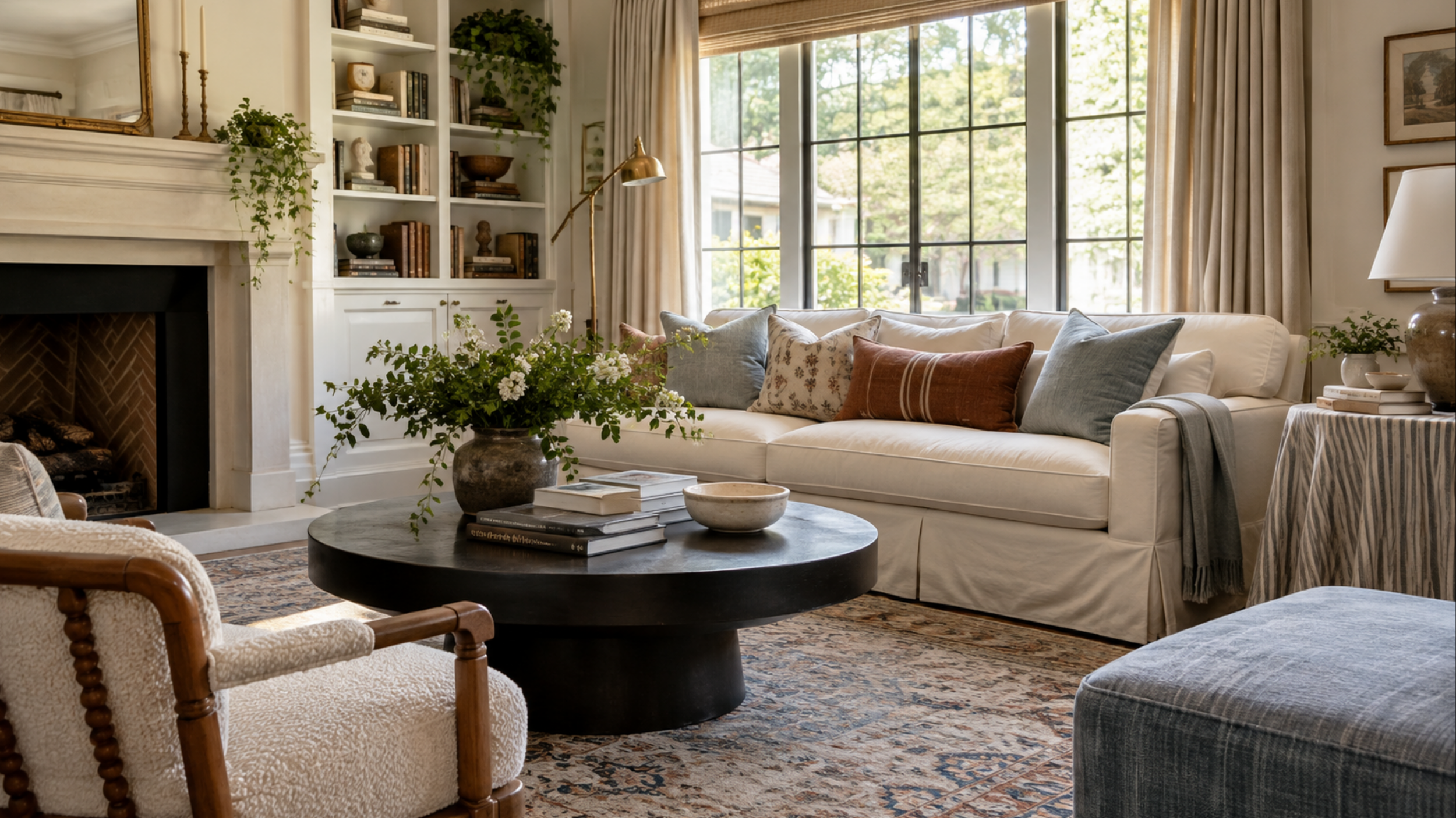 Romantic living room with a skirted sofa, pleated side table, and traditional decor