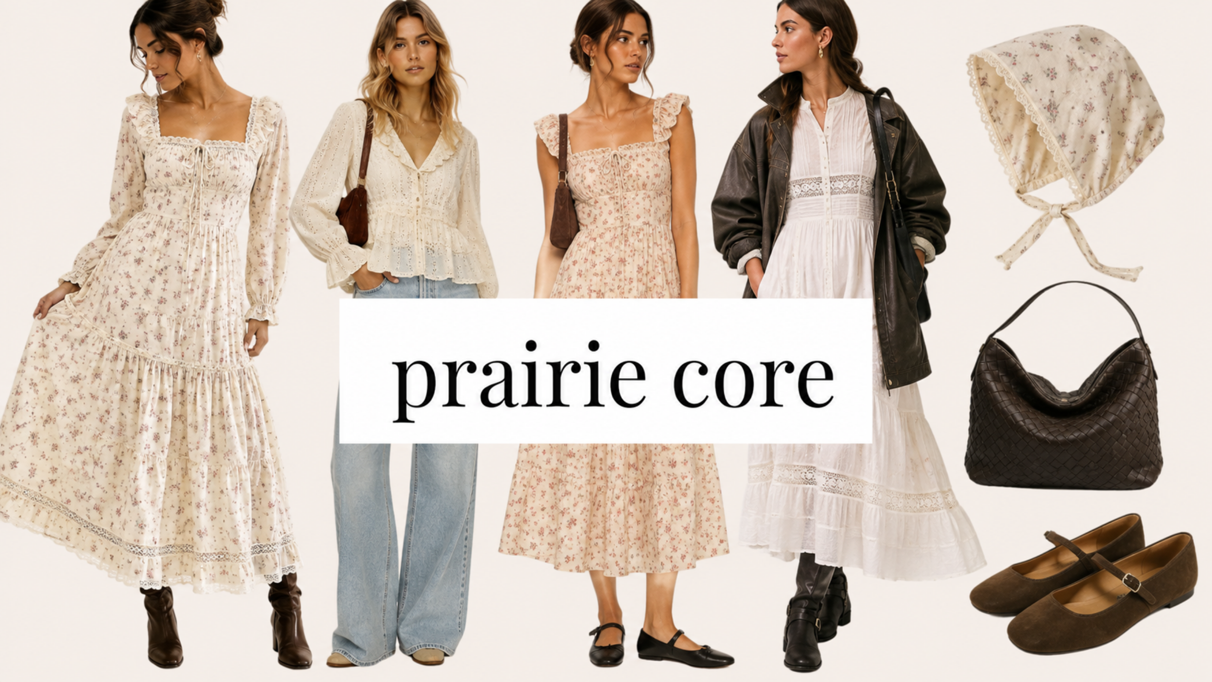 Prairie core fashion trend for 2027 featuring a collage of romantic prairie-inspired clothing with feminine details, soft prints, and vintage-style pieces.