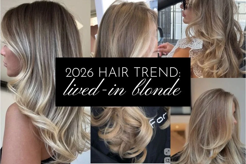 collage of the 2026 hair trend: lived in blonde