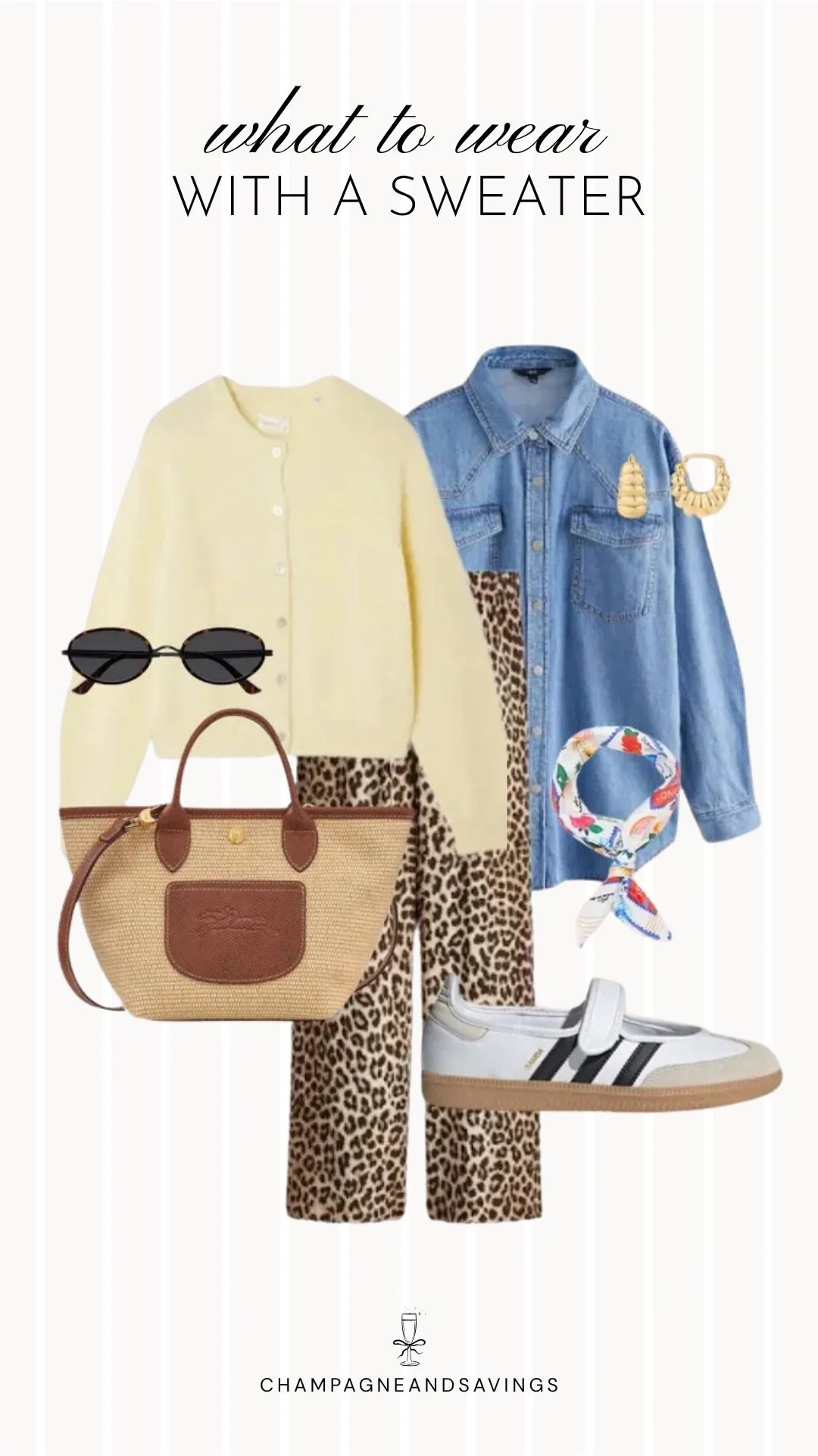 Collage of outfit pieces featuring a yellow cardigan layered over a denim shirt with leopard print pants for a bold and trendy sweater outfit idea.