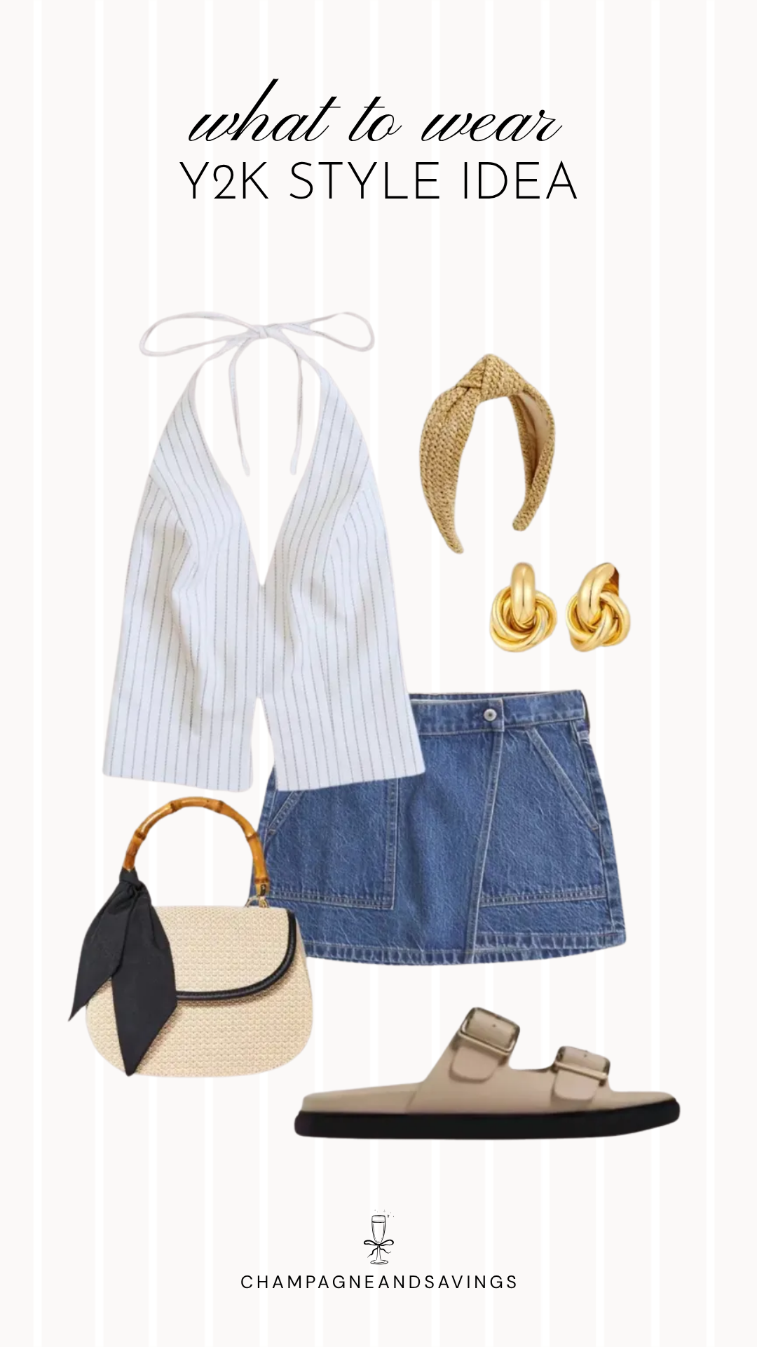 Y2K outfit idea collage featuring a halter top with a denim mini skirt for a trendy 2026 look.