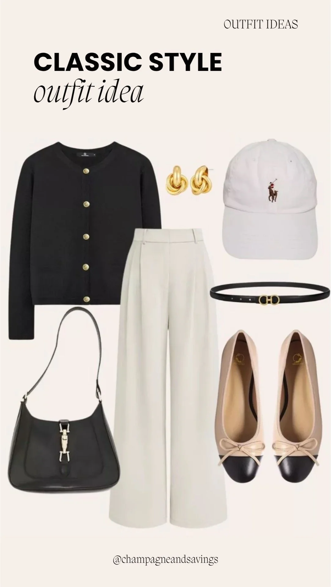 Image of a classic outfit collage featuring a black cardigan, wide leg trousers, and cap-toe flats styled together with coordinating accessories arranged as outfit pieces