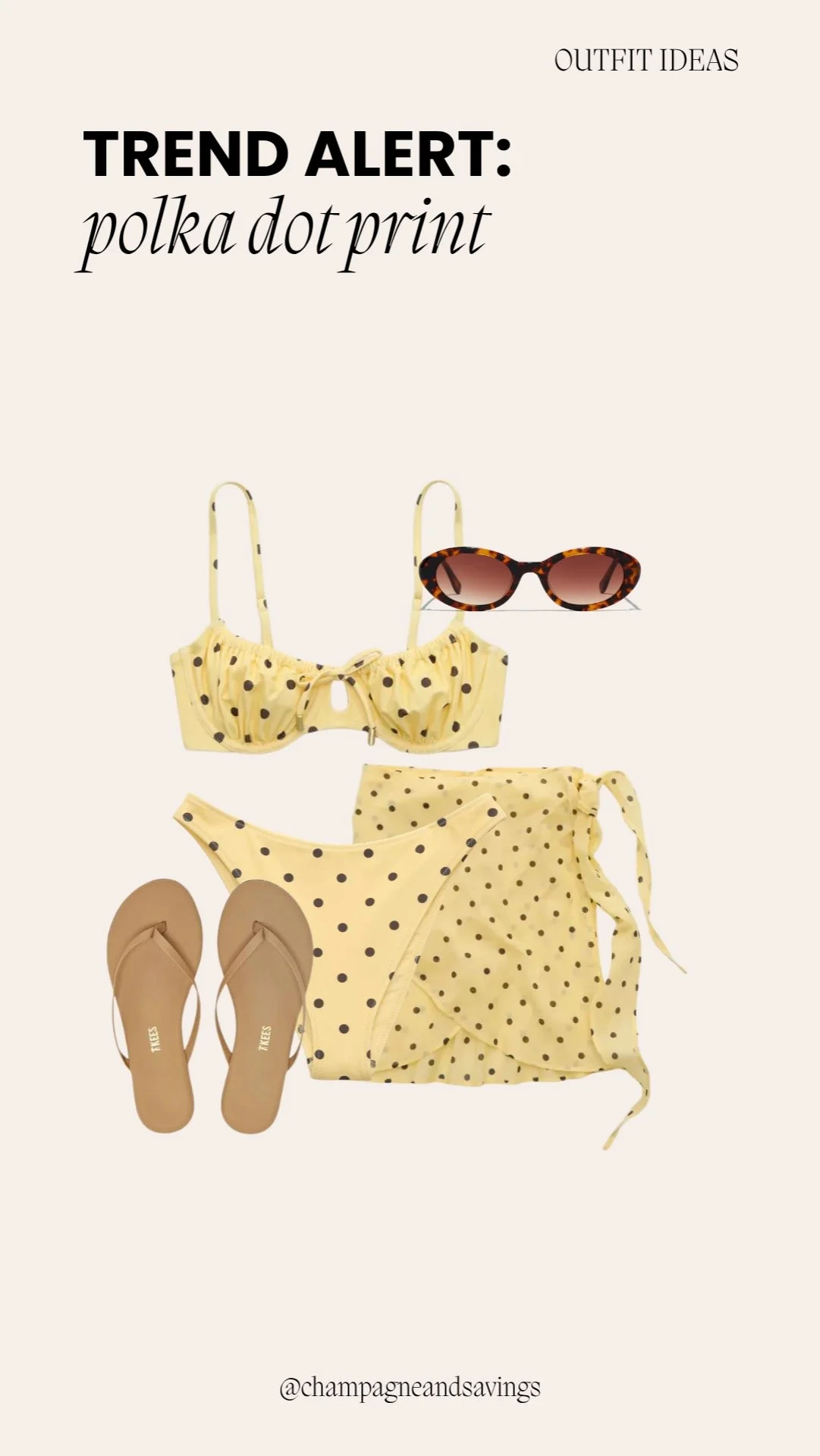 Collage of outfit pieces featuring a polka dot bikini paired with a matching wrap skirt, styled for a playful and beach-ready look.