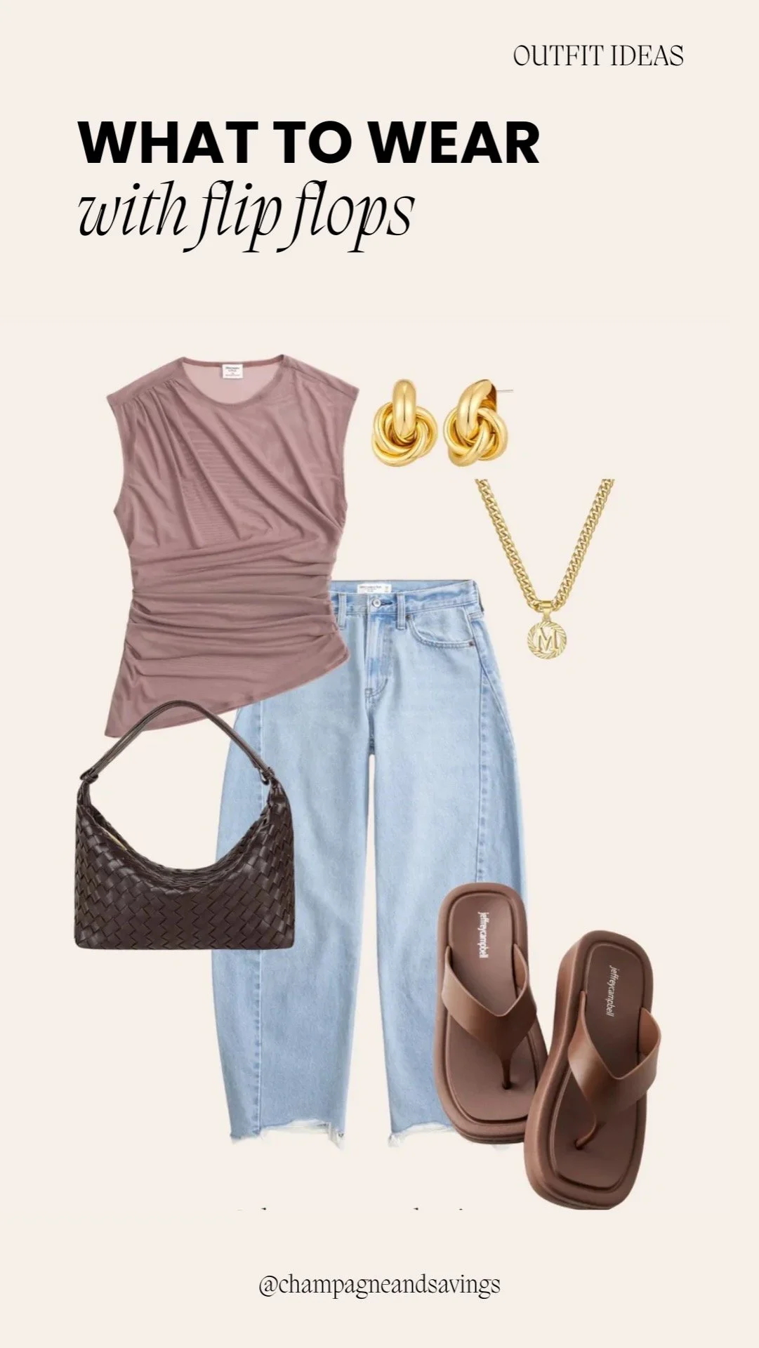 Outfit featuring flip flops styled with jeans and a top