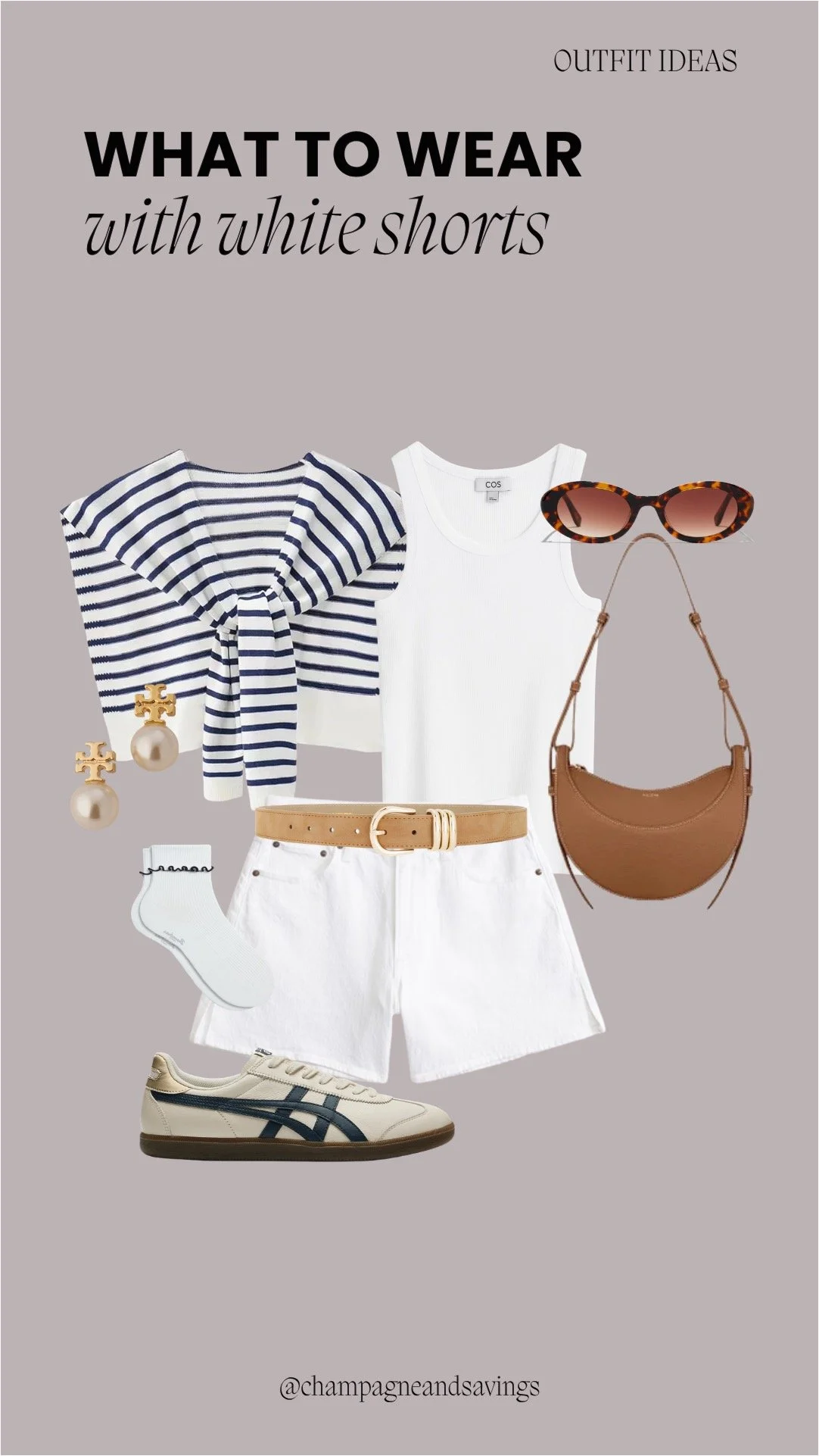 Collage of outfit pieces featuring white shorts styled with a striped cardigan and retro sneakers for a casual, vintage-inspired look.
