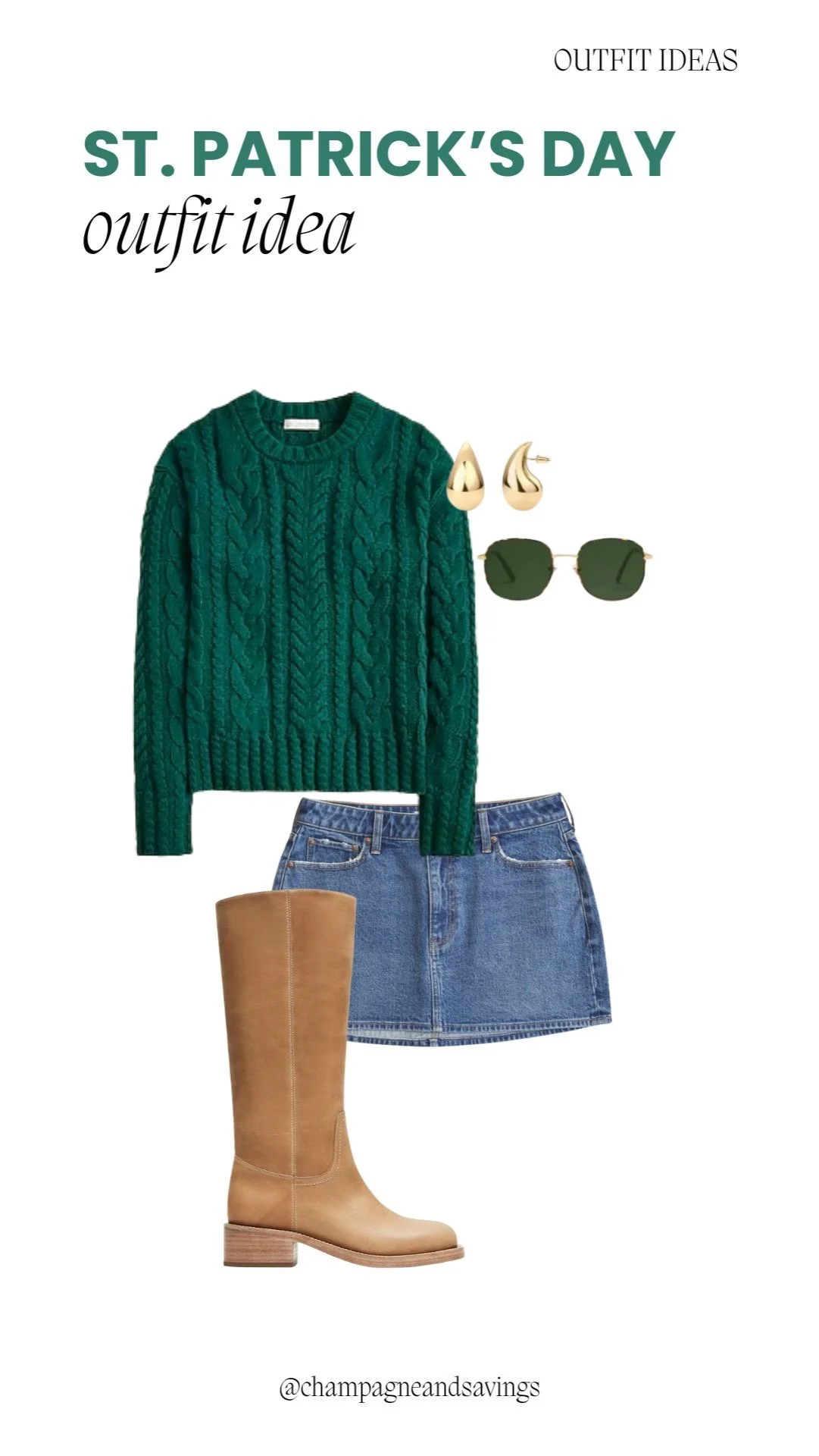Cable knit sweater paired with a denim skirt for a cozy and festive St. Patrick’s Day outfit.