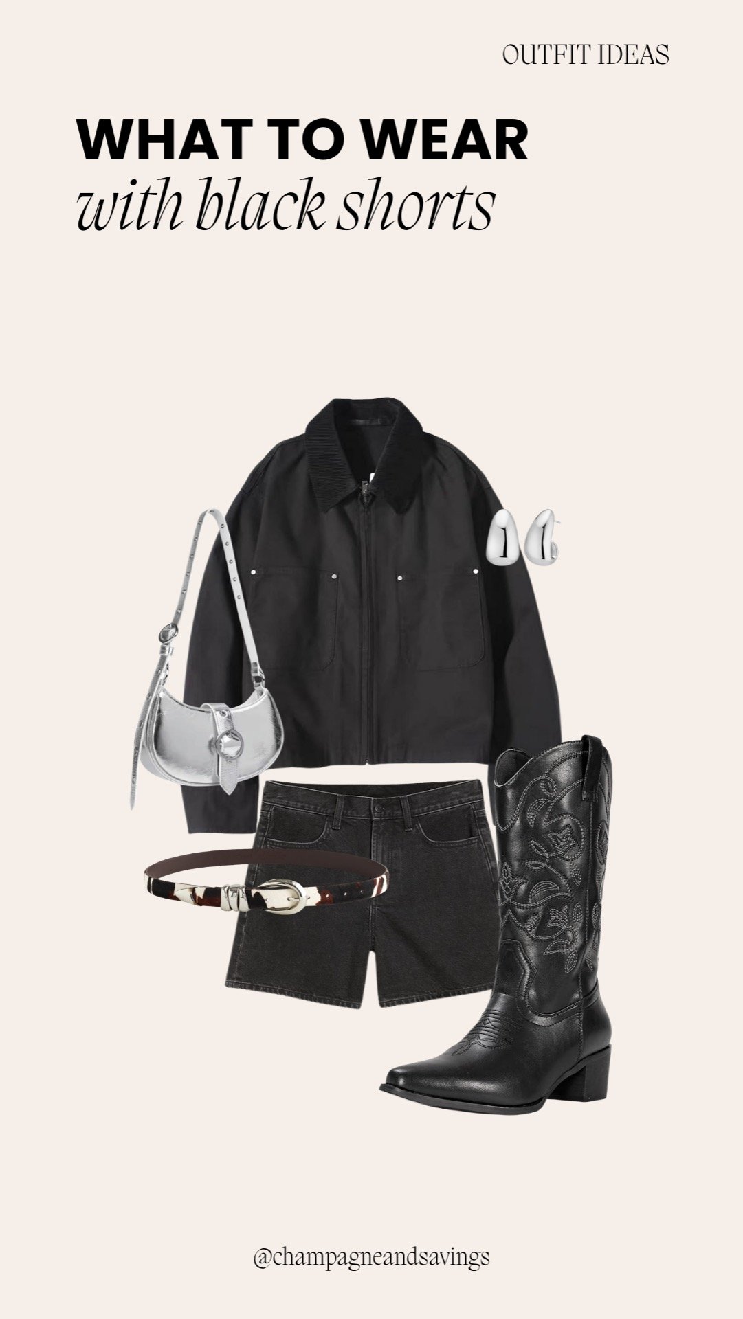 Collage of outfit pieces for an “Edgy Street Style” black shorts look, featuring black shorts paired with bold tops and statement accessories, styled in a trendy urban aesthetic.