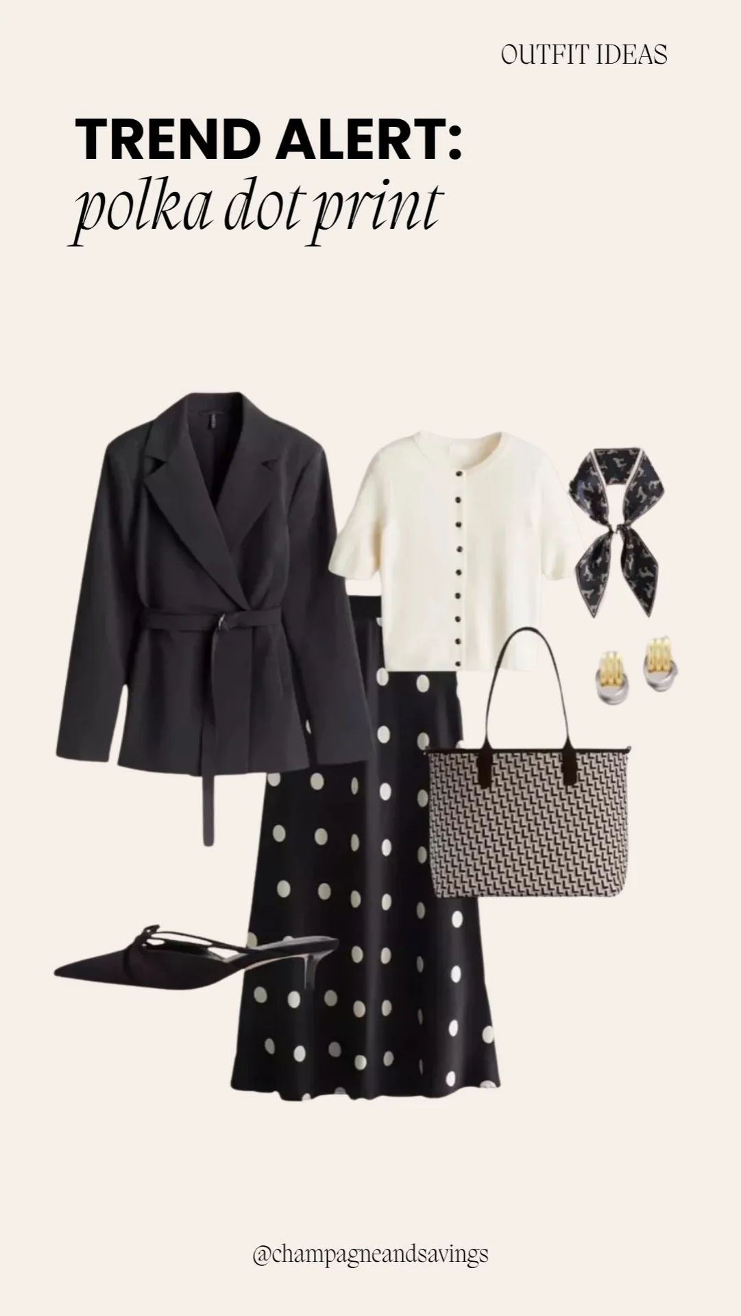 Collage of outfit pieces featuring a polka dot maxi skirt paired with a cream cardigan and a blazer, styled for a sophisticated and polished look.