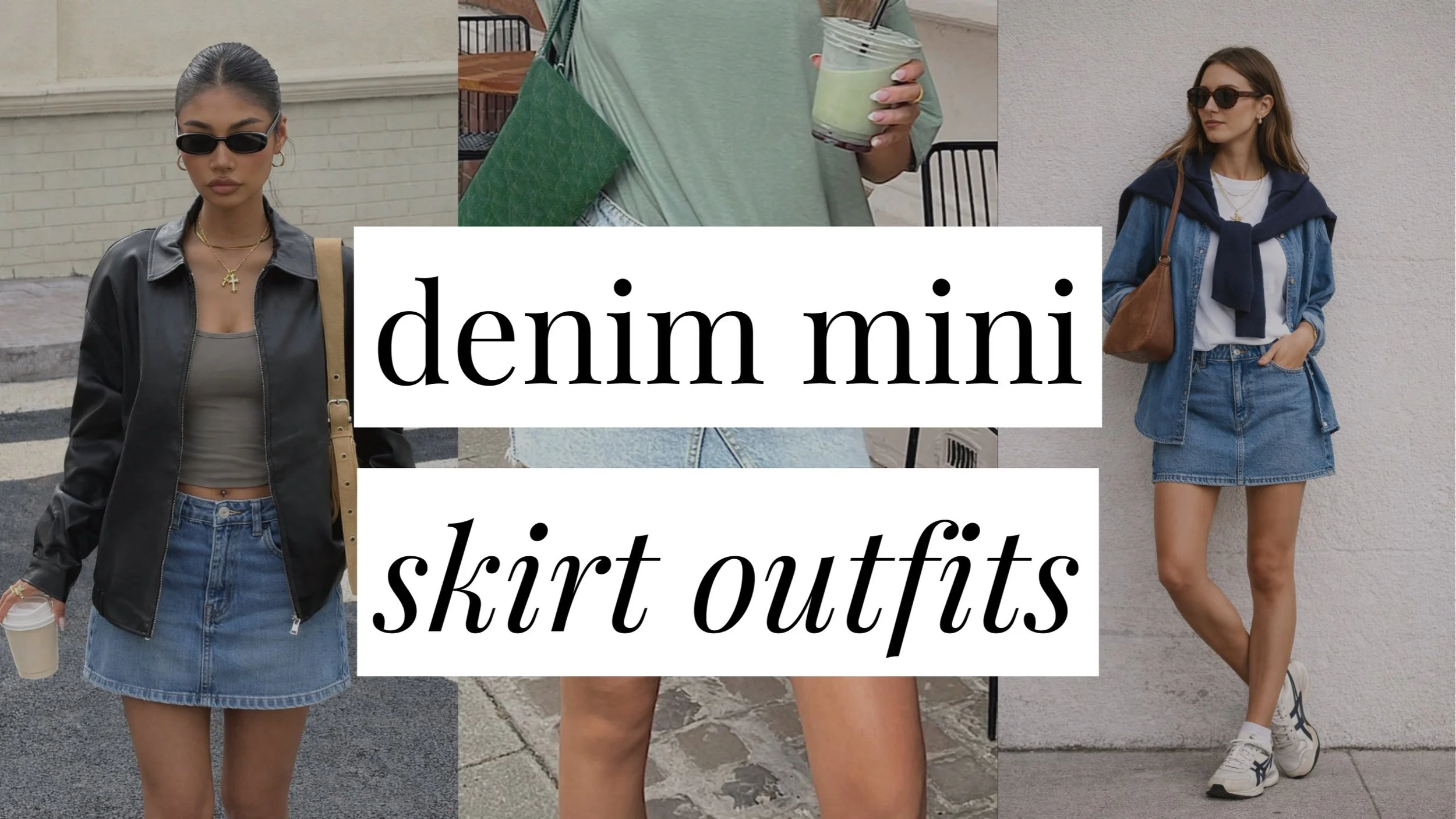 Collage of outfit photos featuring different ways to style a denim mini skirt, with text overlay that reads “denim mini skirt outfits.”