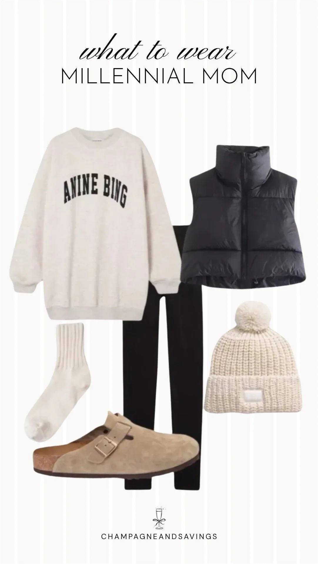 Collage of outfit pieces featuring an oversized sweatshirt layered with a puffer vest and paired with clogs for a cozy and casual millennial mom outfit.
