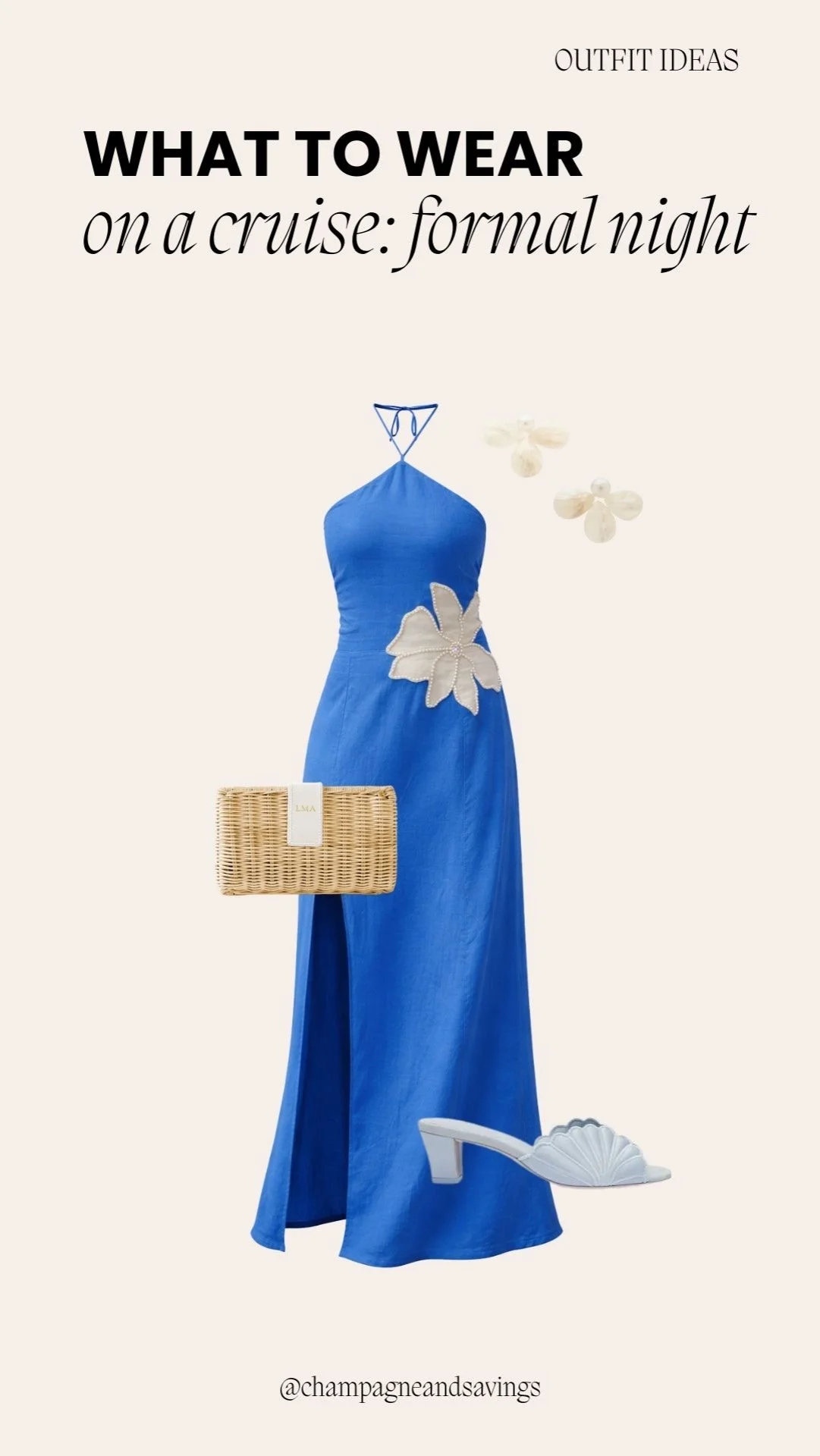 Coastal chic halter gown styled as an elegant cruise outfit, perfect for formal nights and sunset dinners on deck.