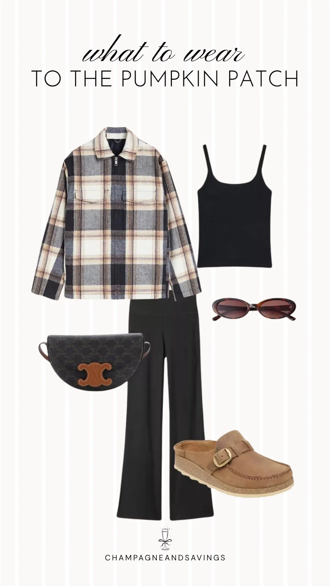 Collage of outfit pieces featuring a plaid overshirt styled with flare leggings and suede clogs for a cozy pumpkin patch outfit idea with a relaxed casual fall vibe.