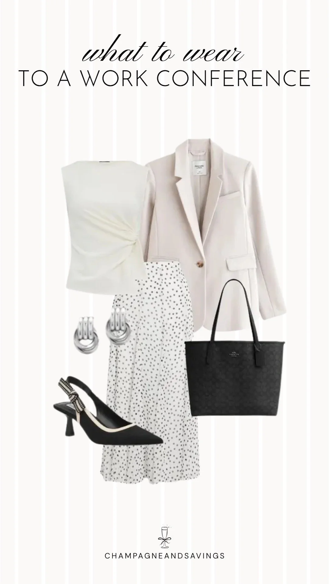 Collage of work conference outfit pieces featuring a tailored blazer, polka dot midi skirt, and slingback heels for a polished and stylish conference-ready outfit.