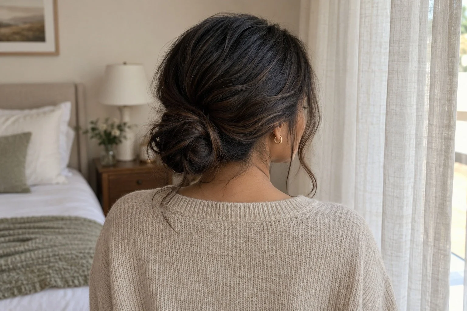 Image featuring a Loose Low Bun and Face Framing Pieces as a cute, easy hairstyle.