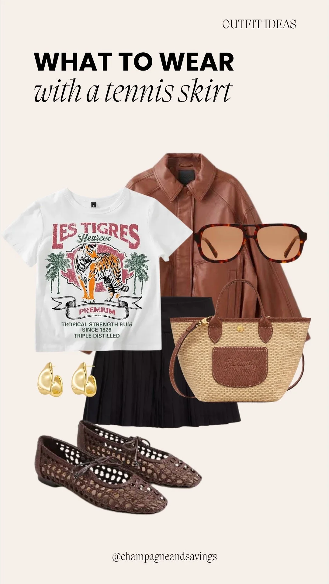 Tennis skirt outfit collage featuring a pleated tennis skirt styled with a graphic tee and a leather jacket for an edgy, sporty chic look.