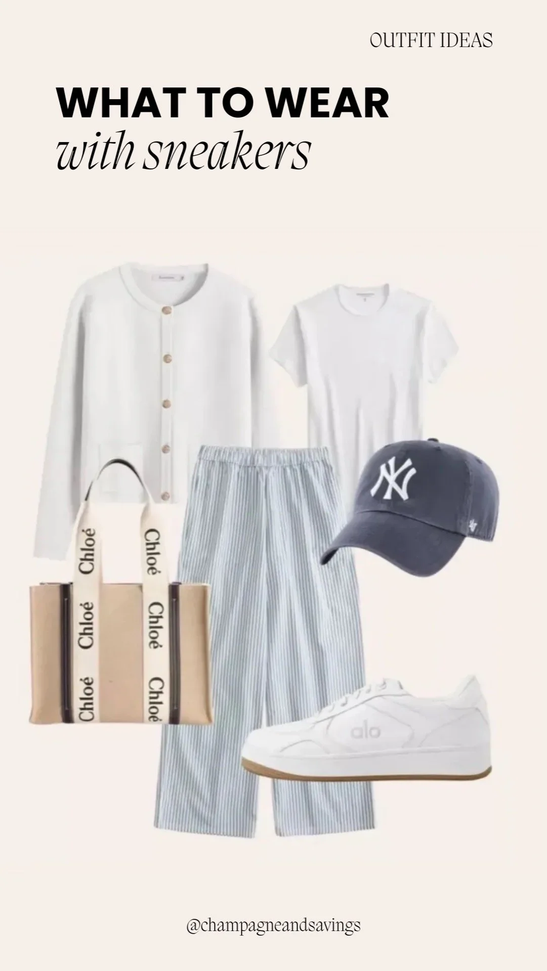 Collage showing striped pants paired with clean white trainers for a polished casual look.
