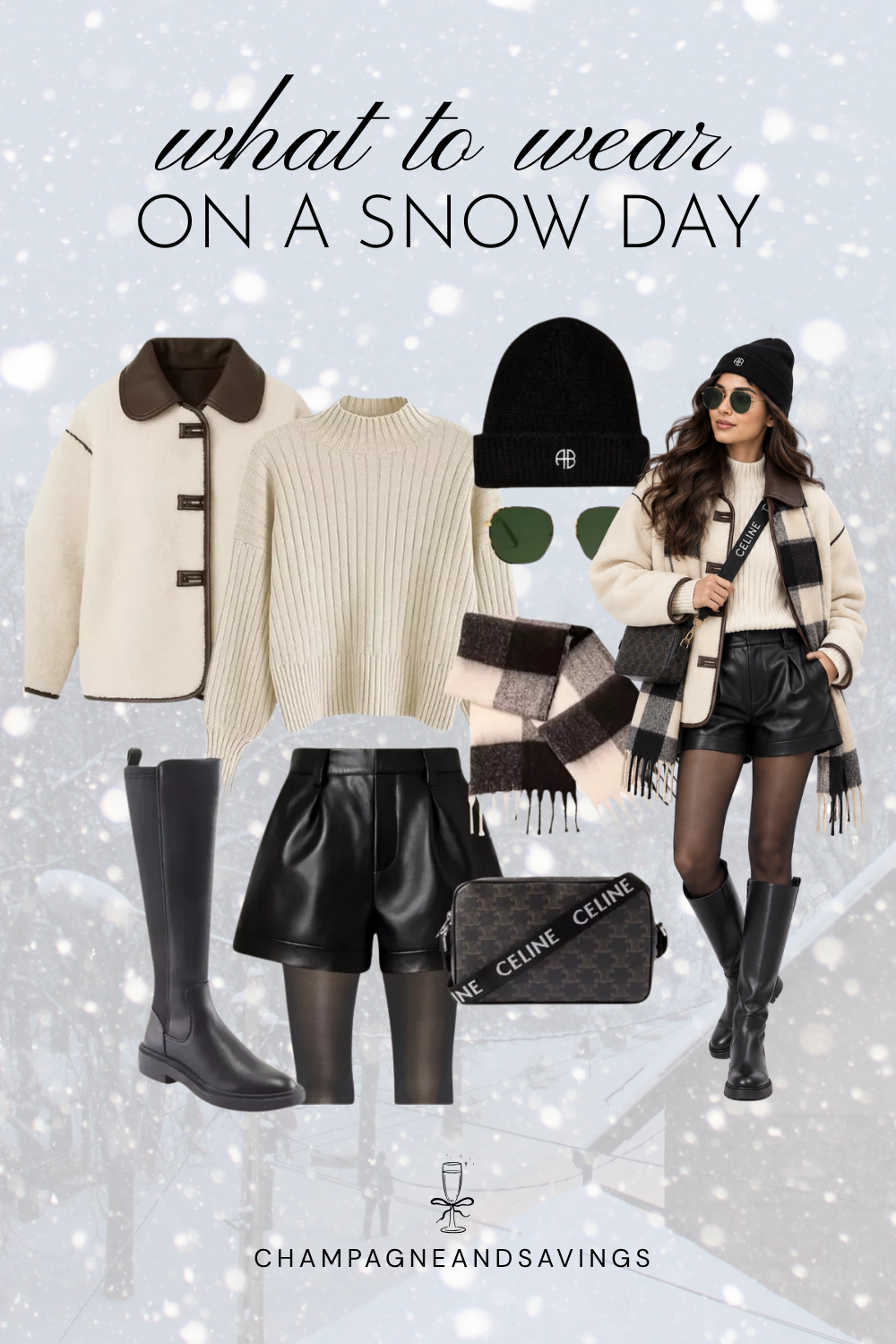 Trendy snow day outfit idea featuring leather shorts, tights, and knee-high boots, shown in a collage of outfit pieces.
