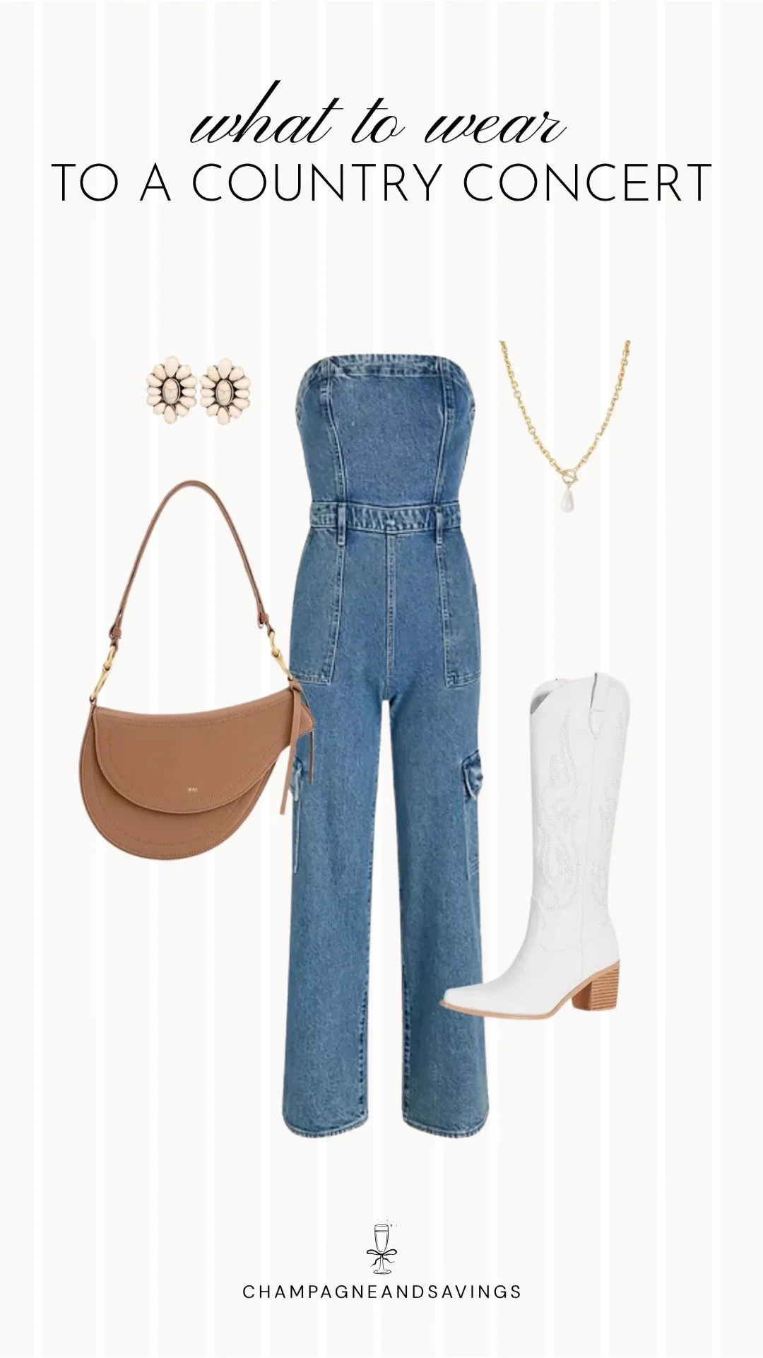 Collage of outfit pieces featuring a denim jumpsuit styled with white cowboy boots for a trendy and effortless country concert outfit idea.