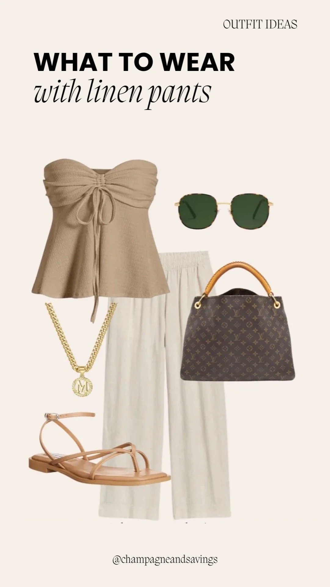 Dressy linen pants outfit styled with a strapless top and accessories for a chic and elevated spring look.