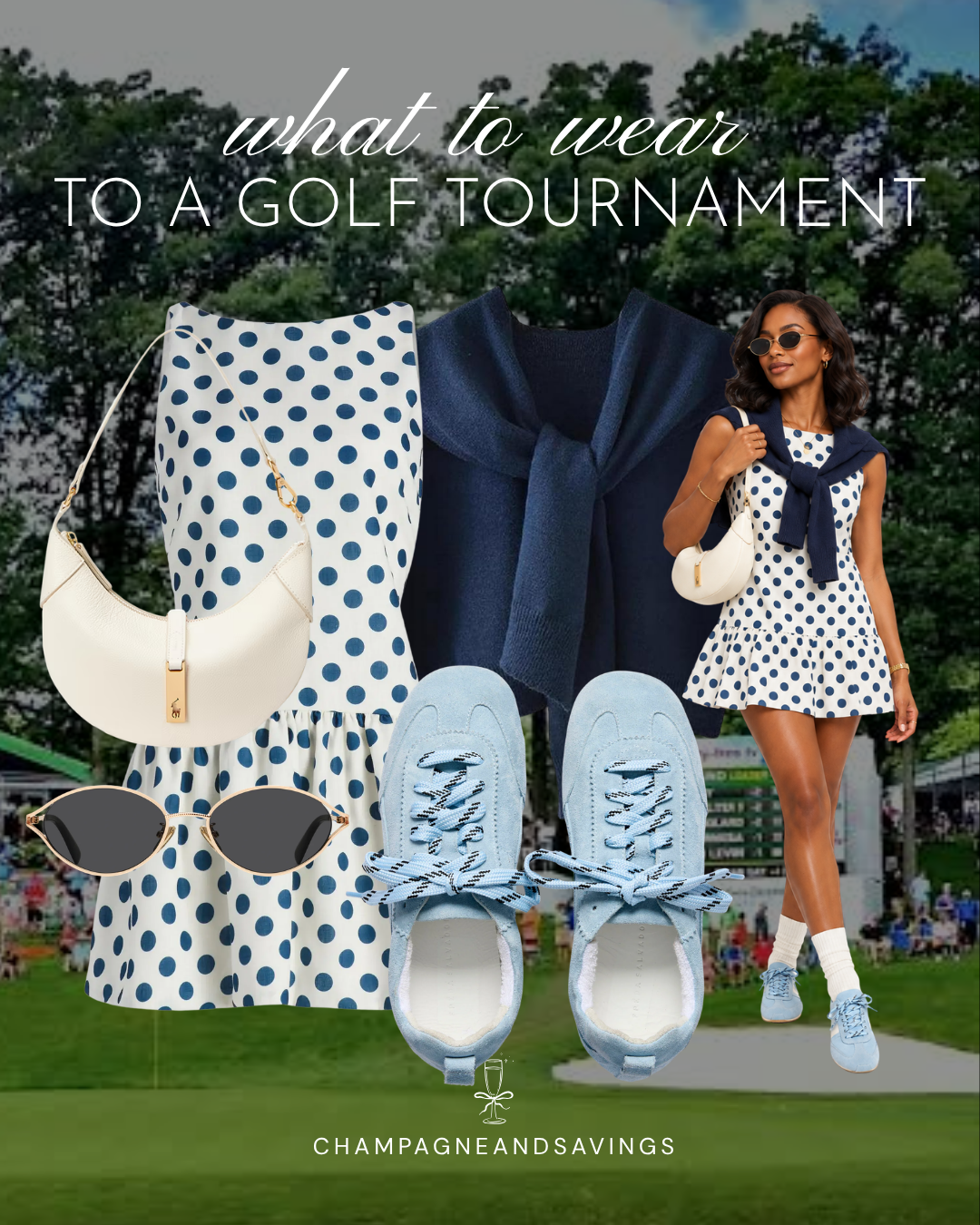 Cute golf tournament spectator outfit idea featuring a polka dot dress and a sweater draped over the shoulders, shown in a collage of outfit pieces for a stylish day on the course.