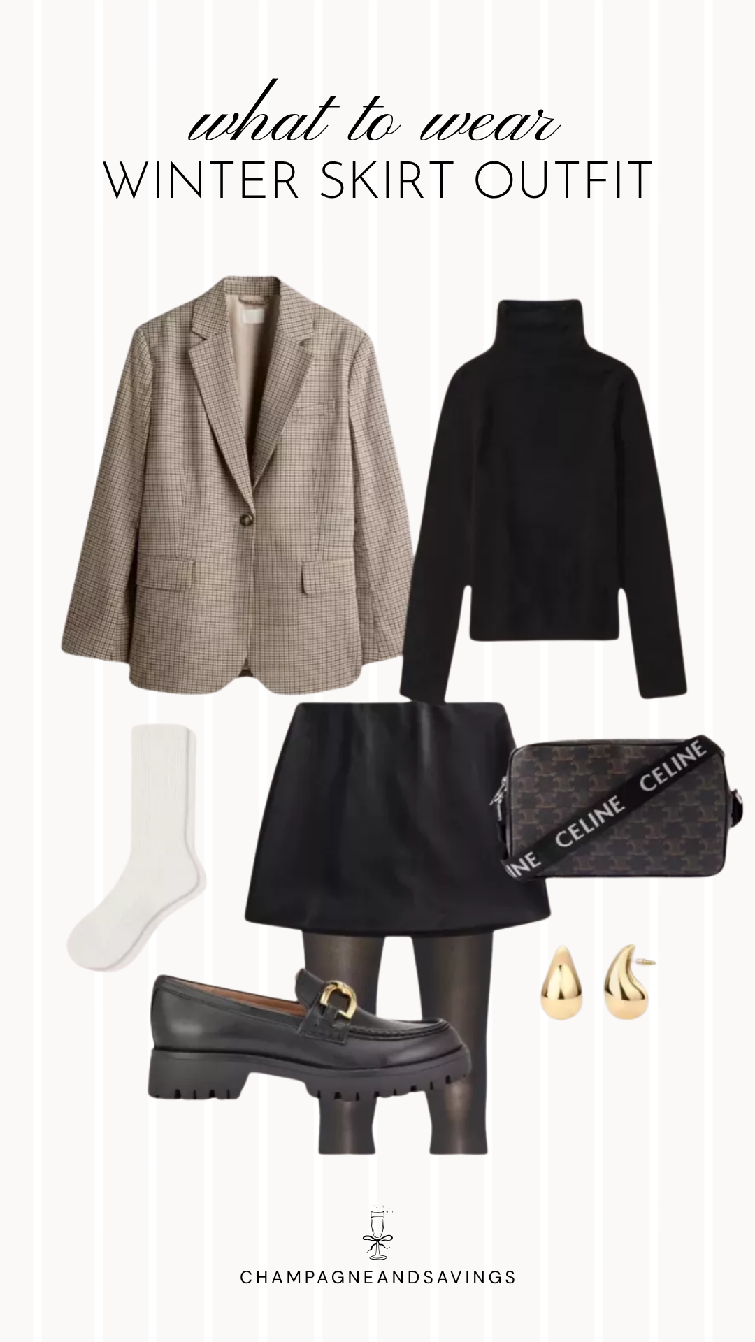 Leather mini skirt and plaid blazer winter outfit idea with cozy layers and accessories for a chic cold-weather look.