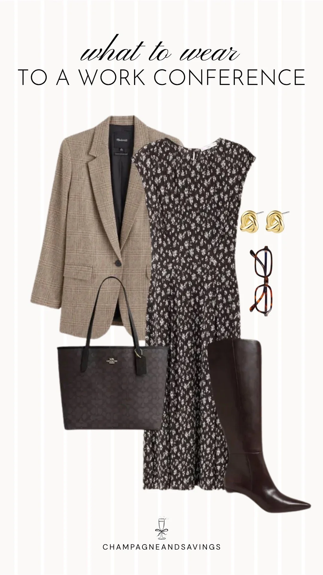 Collage of work conference outfit pieces featuring a plaid blazer layered over a floral midi dress with tall boots for a polished, professional look with a feminine touch.
