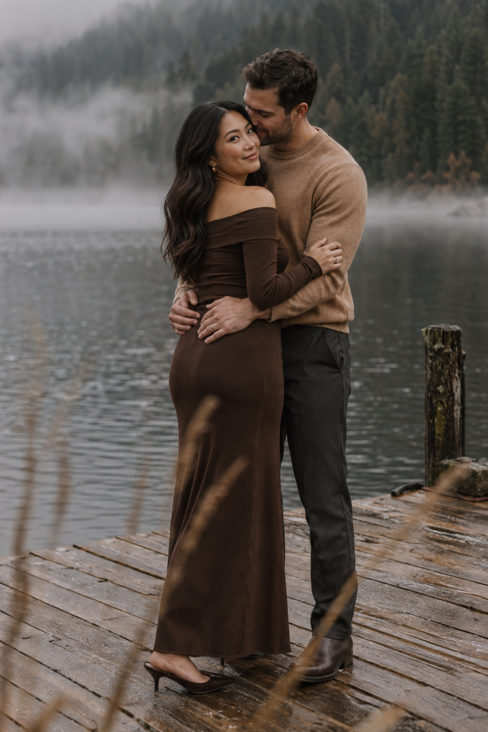 Color & Neutral Engagement Photo Outfit Idea featuring a couple wearing chocolate brown.