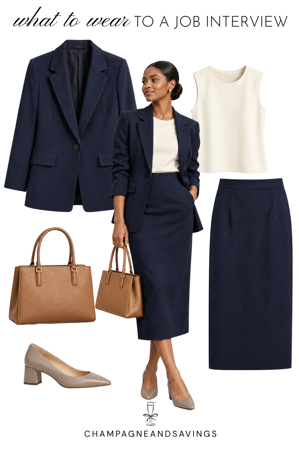Job interview outfit idea for women featuring a matching midi skirt suit, shown in a collage of outfit pieces for a polished, professional look.
