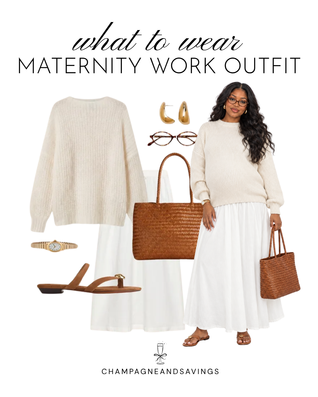 Maternity work outfit idea featuring a white maxi skirt paired with an oversized sweater, shown in a collage of outfit pieces for a chic, comfortable, and professional pregnancy-friendly look.