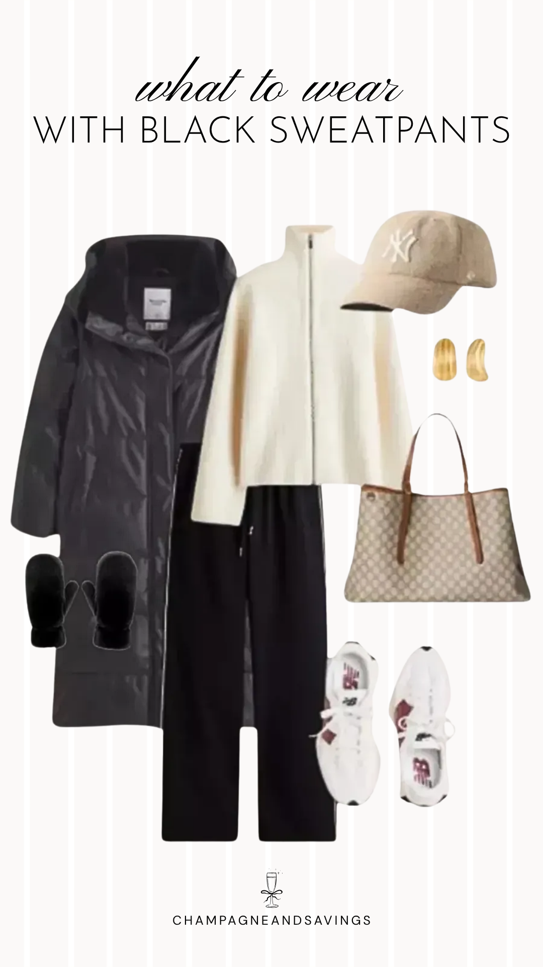Black sweatpants outfit idea collage featuring a long puffer coat layered over a funnel neck sweater with black sweatpants for a cozy cold weather look.