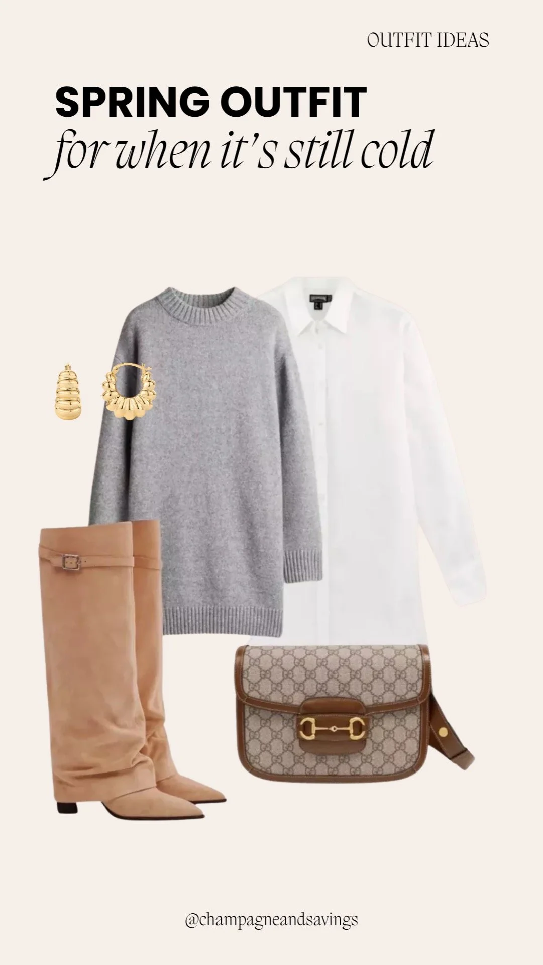 Layered sweater outfit styled over a dress with tall boots for a cozy and chic spring look.