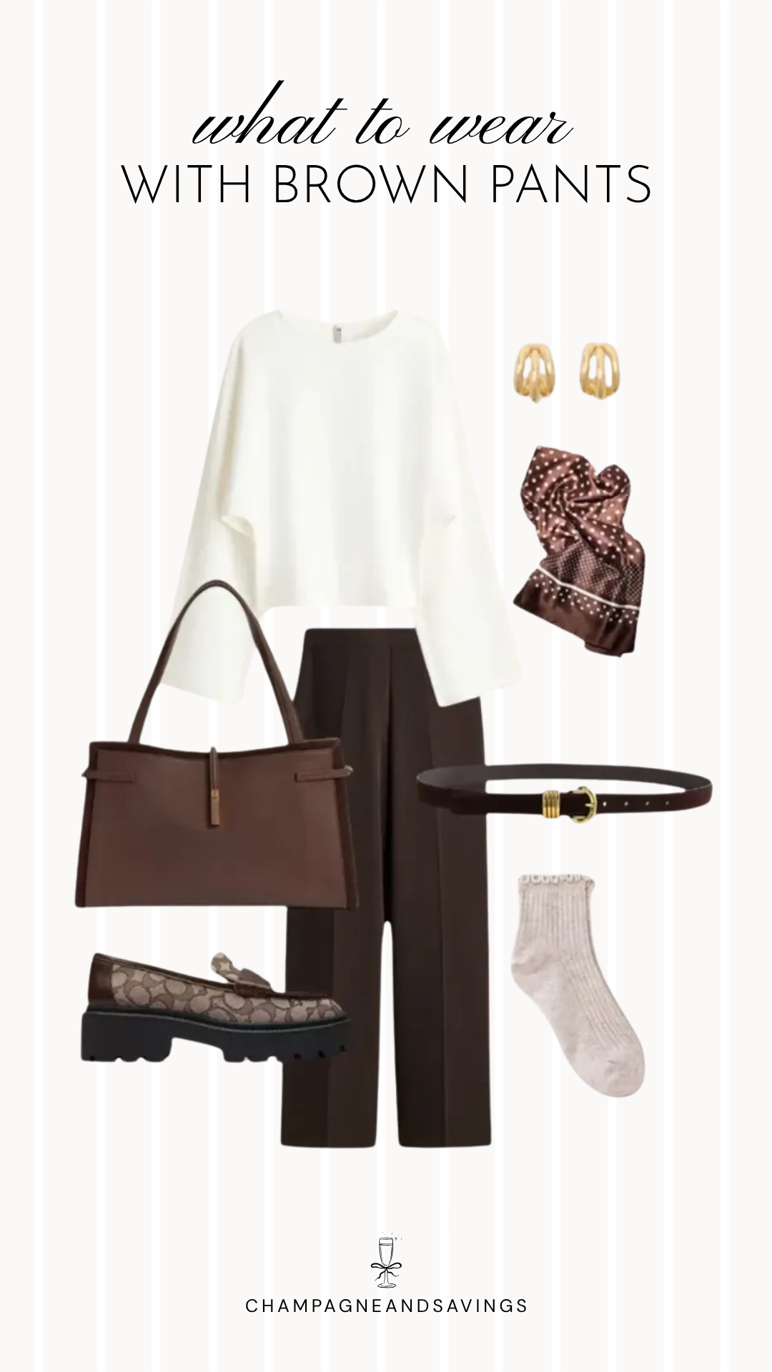 Brown pants outfit idea collage featuring a white blouse styled with a silk scarf and brown trousers for a polished, effortlessly chic look.