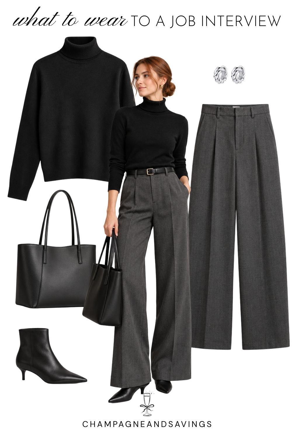 Job interview outfit idea for women featuring a black turtleneck paired with gray wide-leg trousers, shown in a collage of outfit pieces for a polished, professional look.