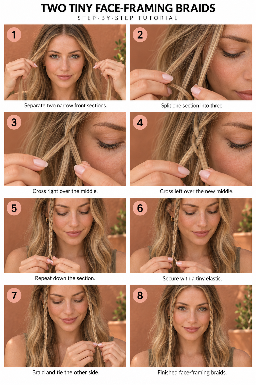 Step by step tutorial on how to do two tiny face-framing braids.