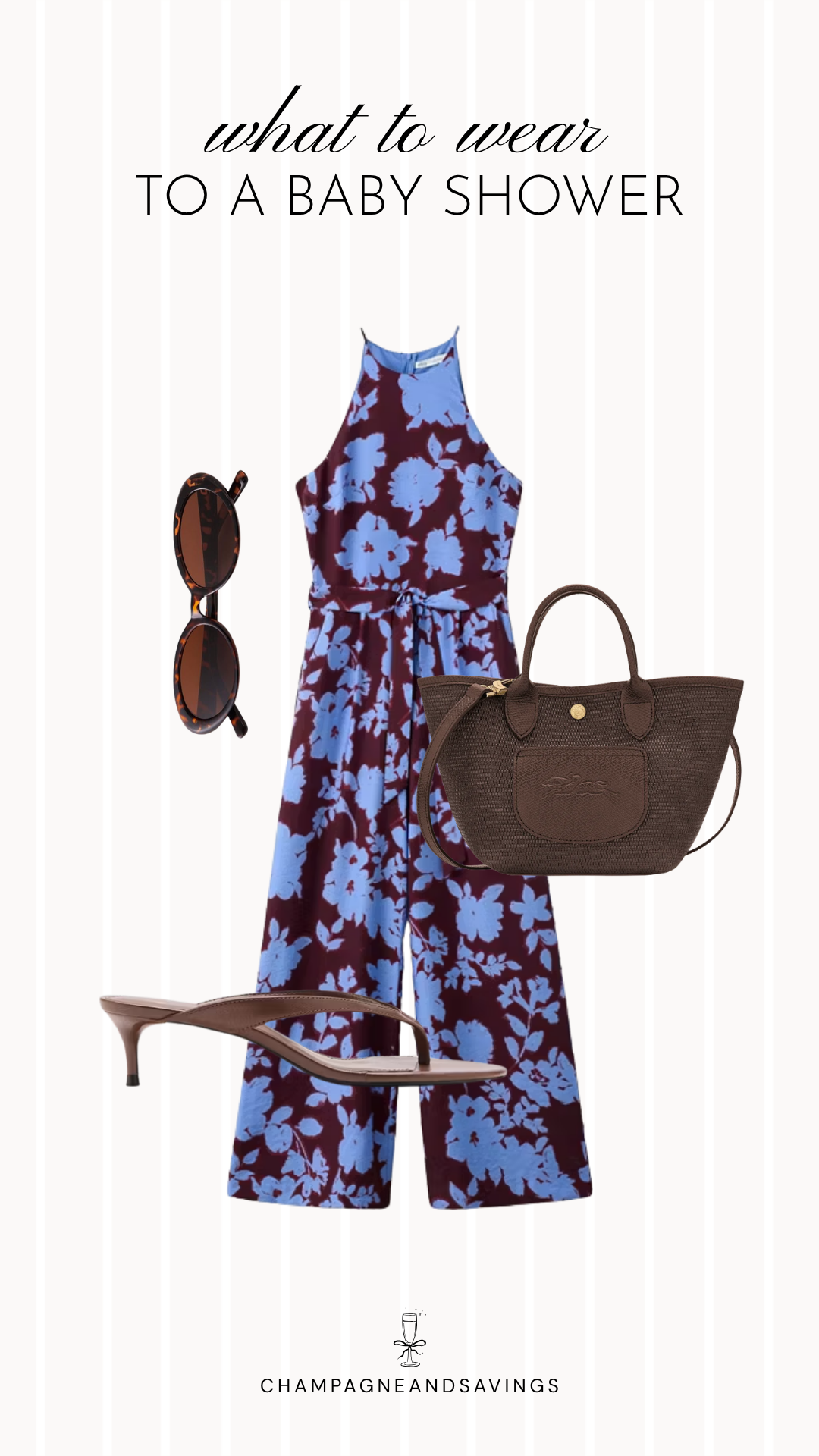 Collage of outfit pieces featuring a floral halter jumpsuit paired with kitten heels, a coordinating handbag, and accessories for a chic and trendy baby shower guest outfit idea.