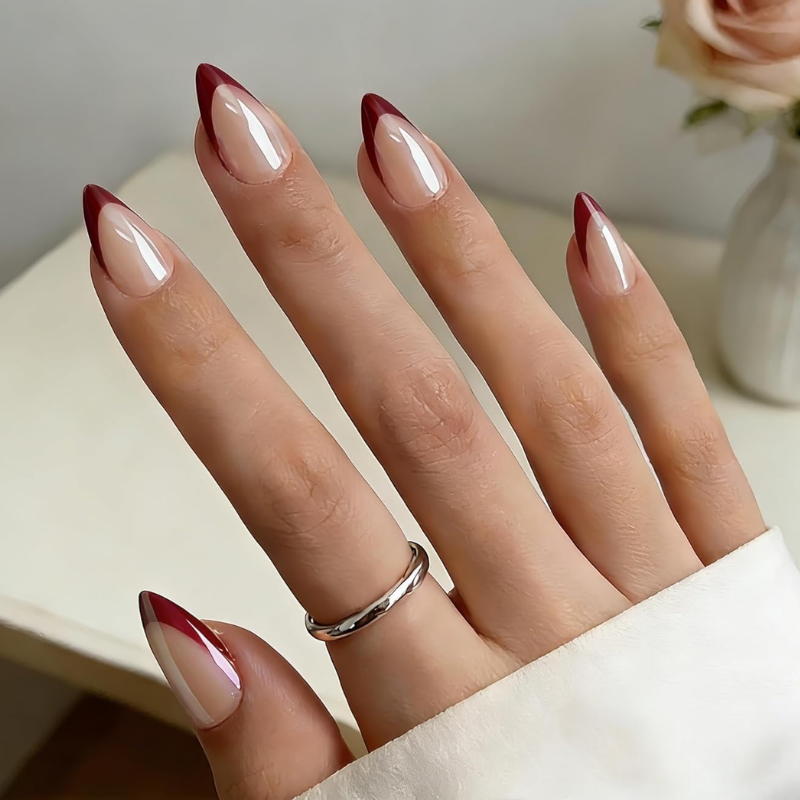 Fall chrome nail idea featuring oxblood chrome french tips