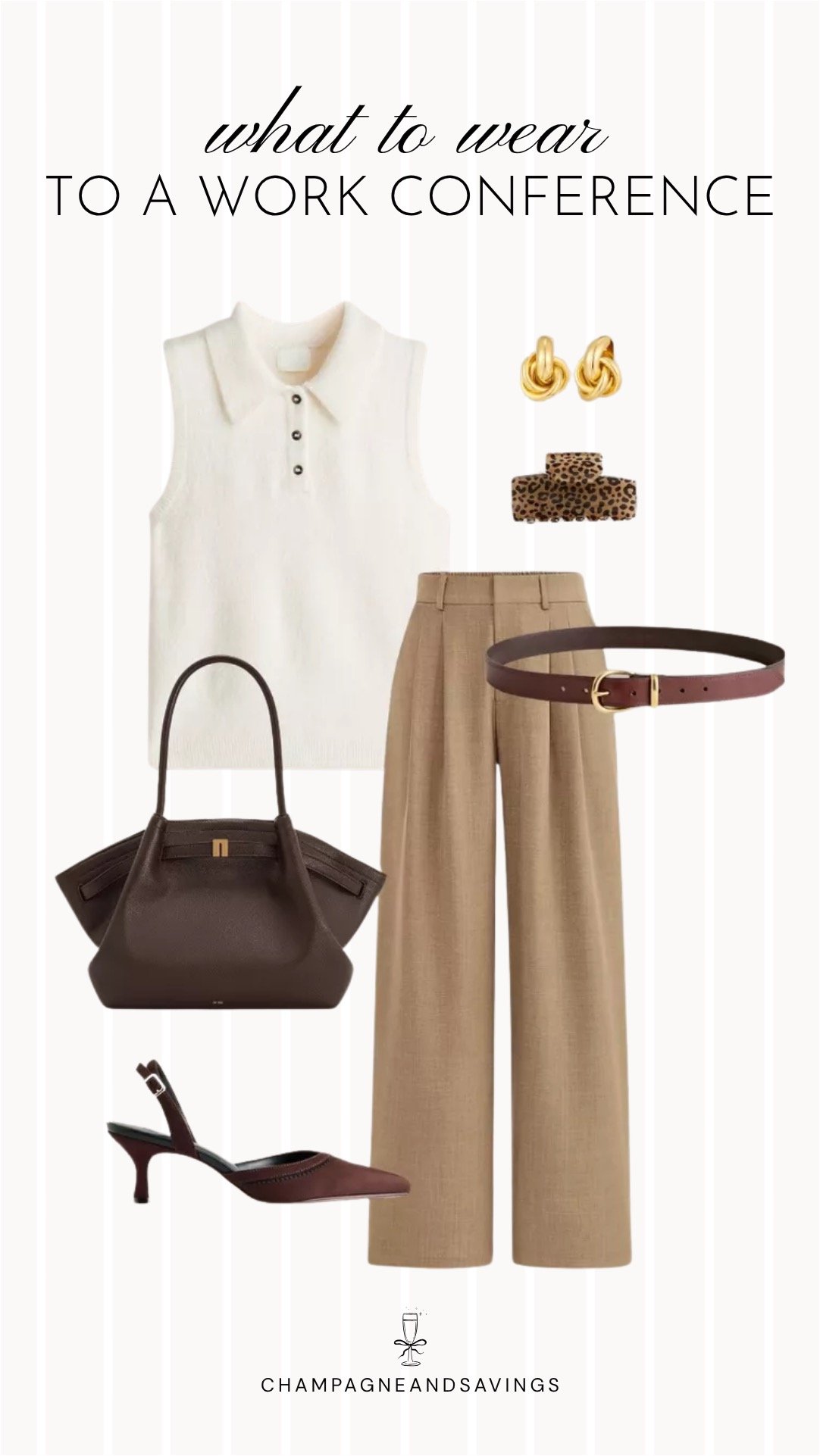 Collage of work conference outfit pieces featuring a sleeveless collared knit top, camel trousers, and kitten heels for a refined and professional business-casual look.