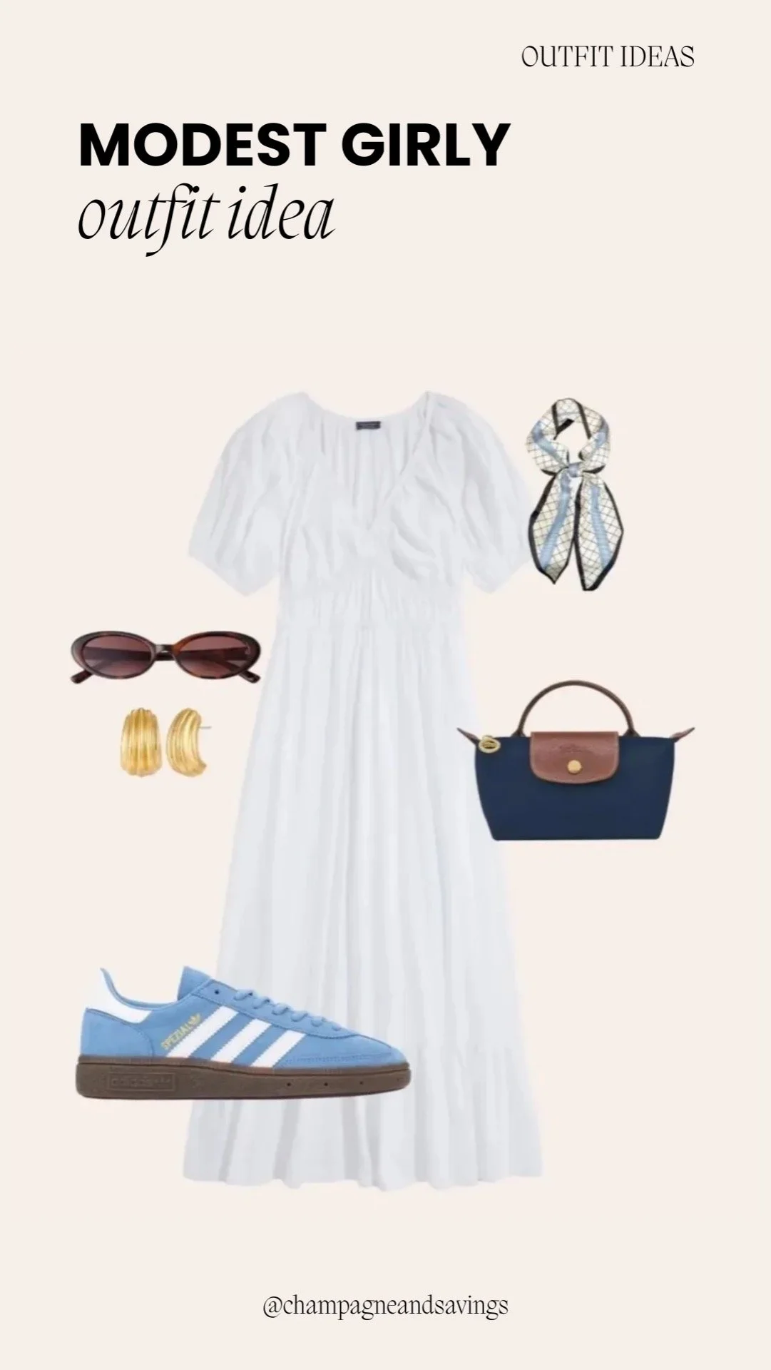 Modest girly outfit idea featuring a white puff sleeve maxi dress paired with sneakers, styled together as coordinated outfit pieces.