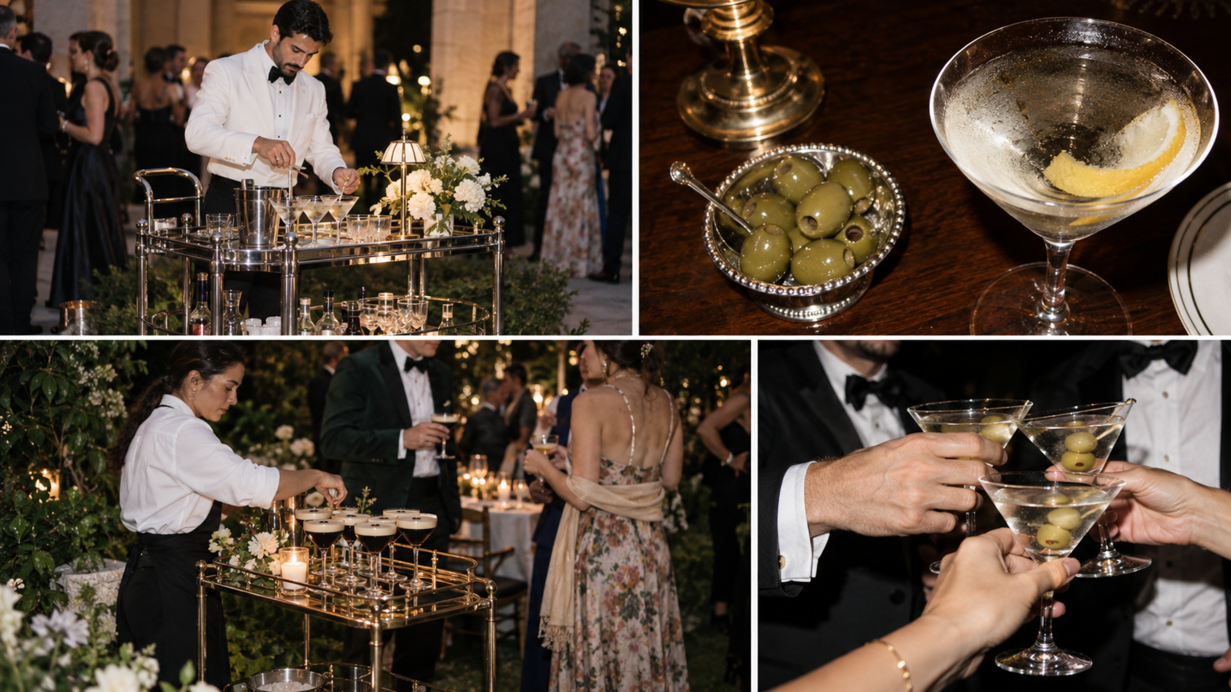 Wedding martini cart collage featuring bartenders preparing drinks, espresso martinis, and guests clinking olive-garnished glasses.