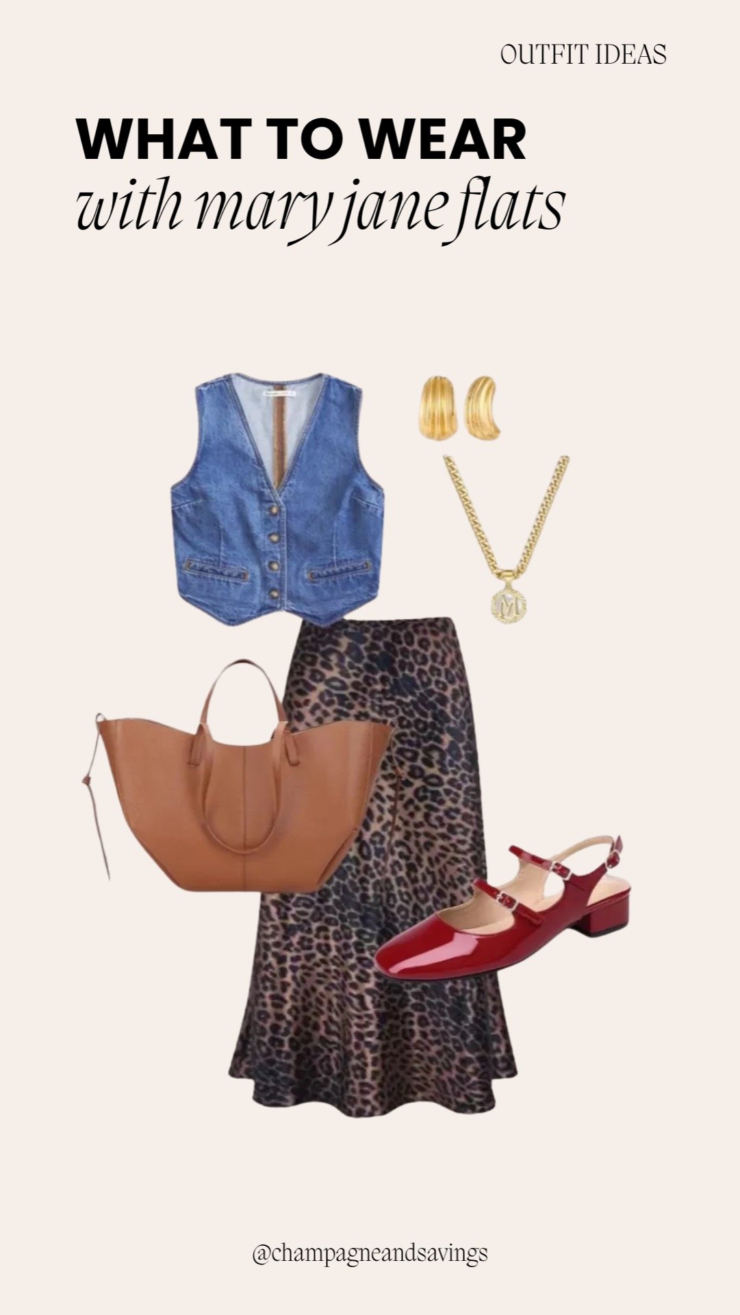 Chic spring outfit featuring Mary Jane flats paired with a maxi skirt and a denim vest